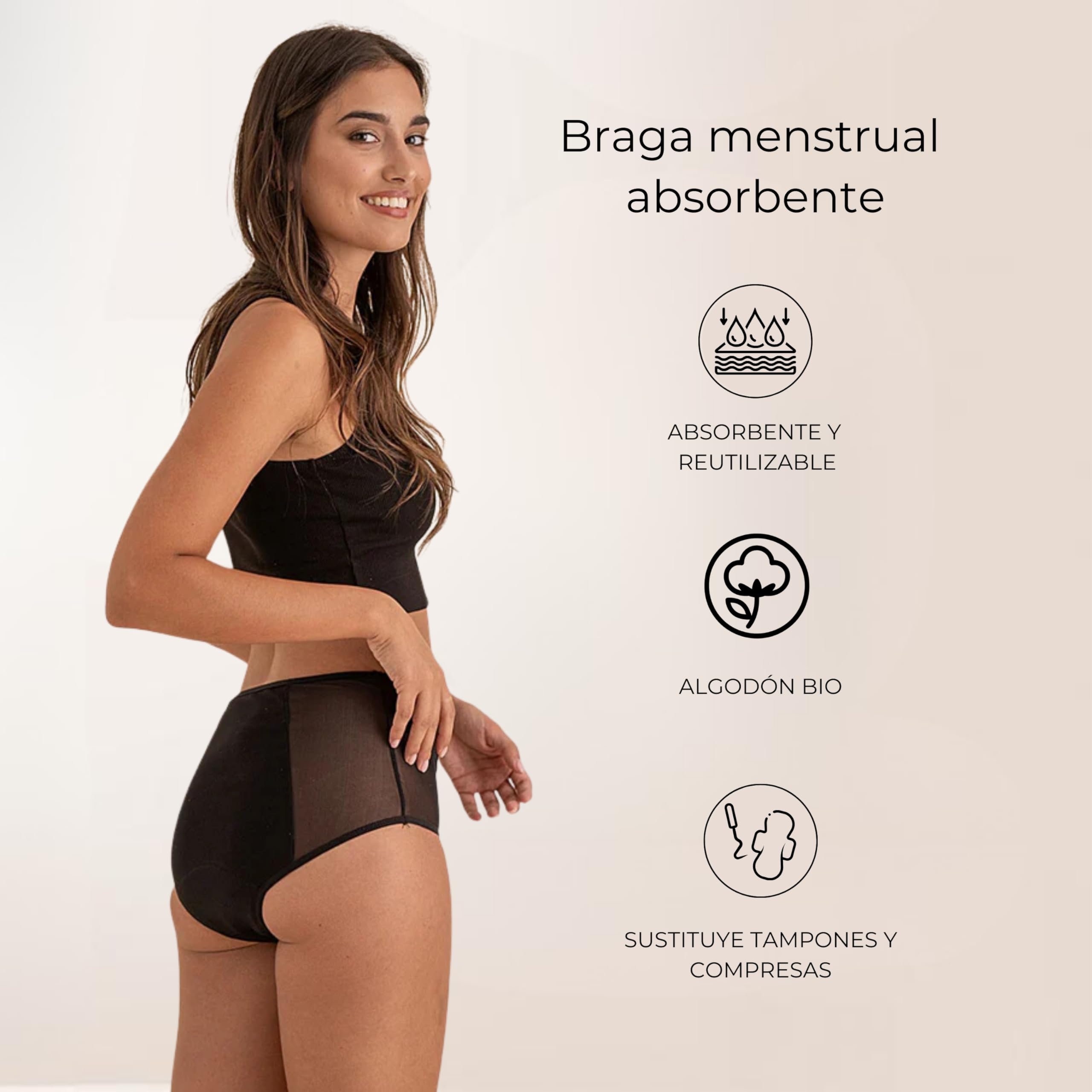 ANAISSA Pack 2 Bragas Menstruales Reutilizables de Algodón para Flujo Abundante e Incontinencias - Alta Absorción - Protección Delantera y Trasera - Talle Alto
