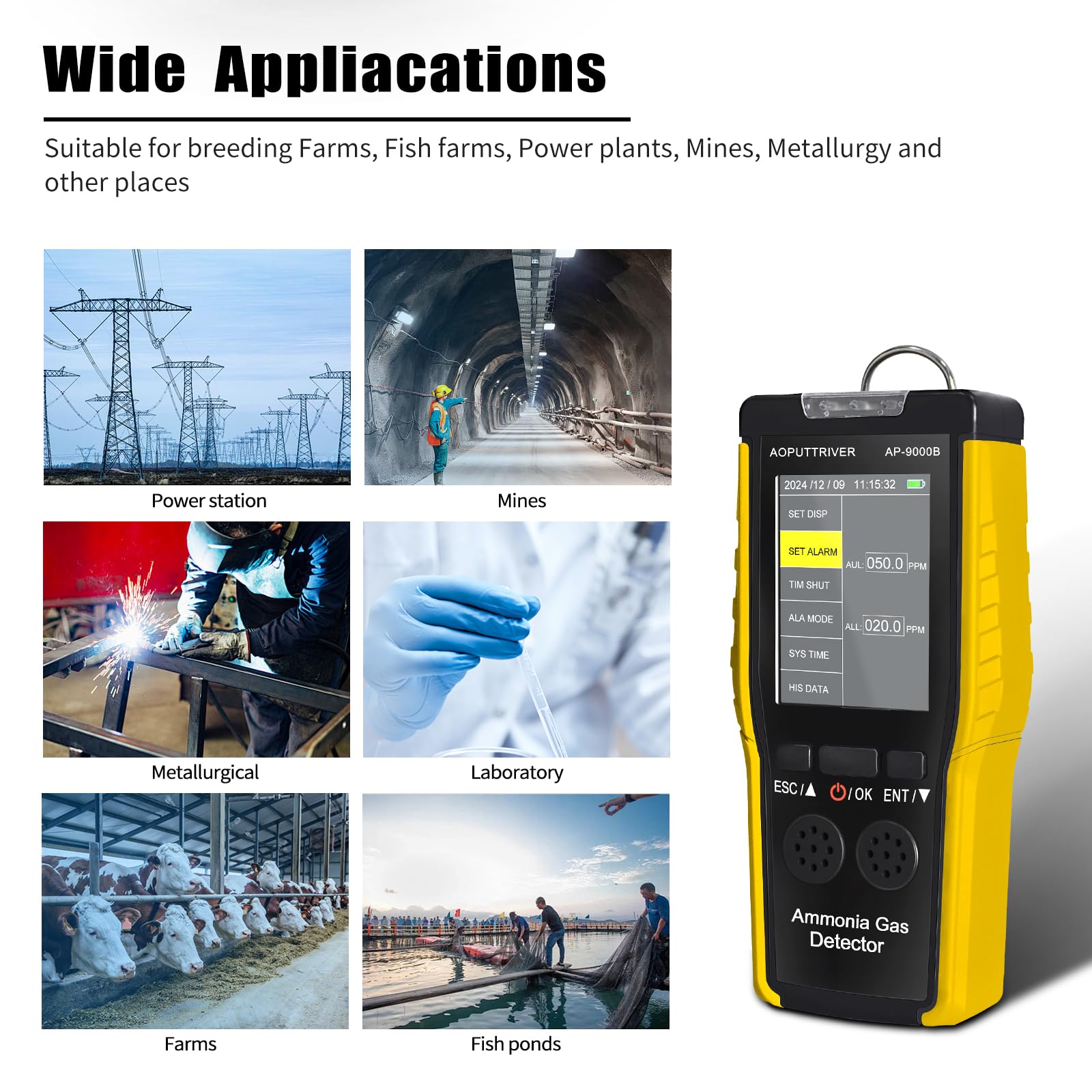 Ammoniak Gas Detektor 9000B, 0~100PPM Akustischer Optischer Alarm NH3 Luftqualitätsmessgerät für Industrie, Haushalt, Fabrik, Luftreiniger Qualität, Dekoration, Geflügelfarmen