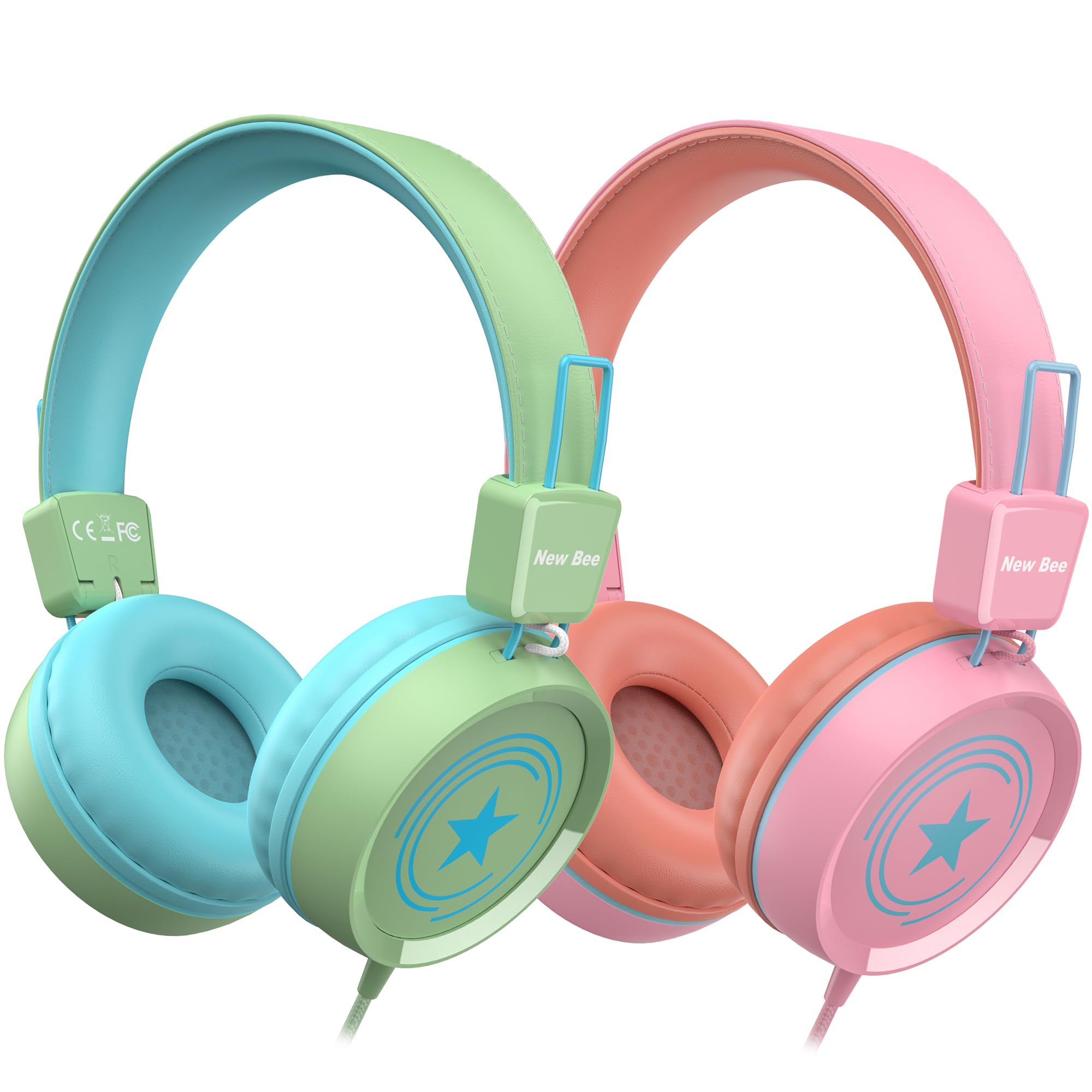 New Bee Confezione da 2 cuffie per bambini con microfono, 85 dB/94 dB, volume sicuro limitato, cuffie pieghevoli per bambini, per scuola, viaggi, Mac, Android, Kindle, tablet, pad, colore: verde e