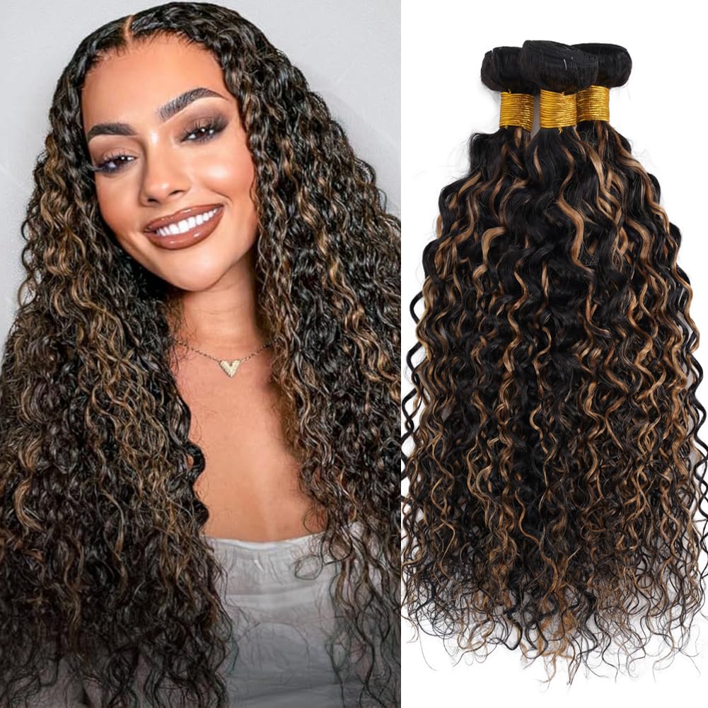 Highlight Water Wave Bundles Human Hair Honey Blonde Balayage Water Curly Wave 3 Bundles For Women Black and Brown Virgin Human Hair Bundle Wet and