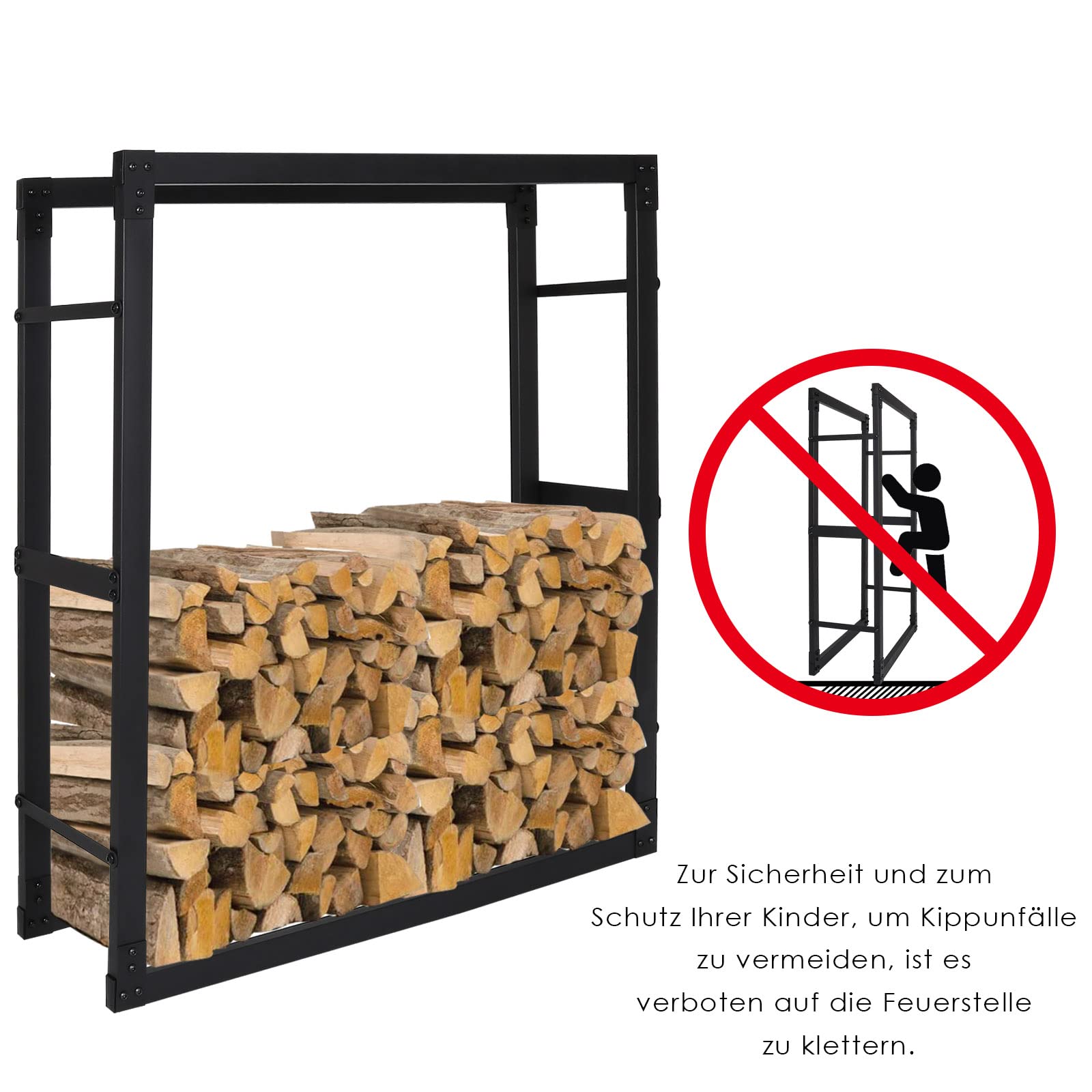 Fiqops Estantería para leña de acero, Soporte para Almacenamiento Exterior de leña, Diseño Negro Mate, Estructura de Metal Estable, Tamaño: 25 x 80 x 150 cm