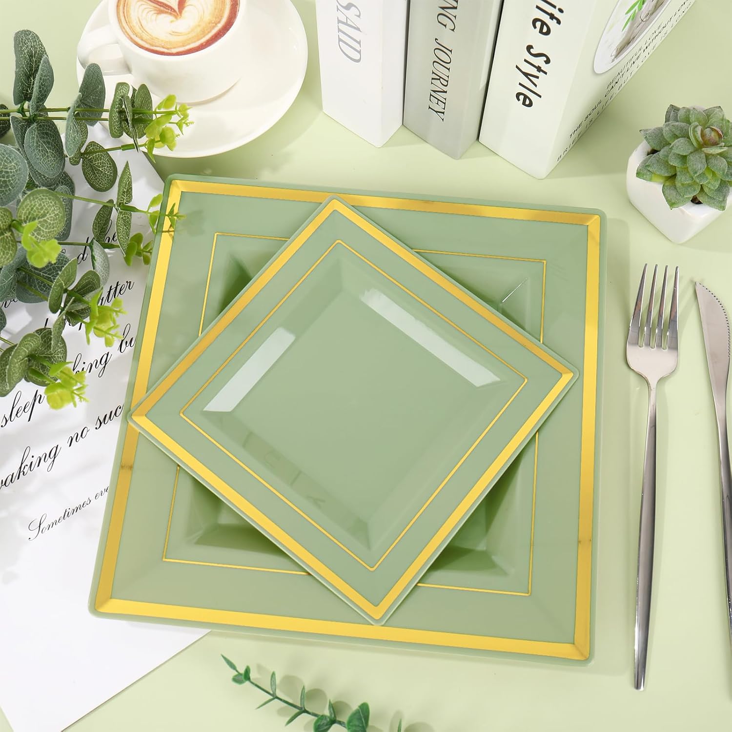 Whaline 50Pcs Sage Green Plastic Plate Gold Foil Bordered Disposable Plate Square Decorative Dinner Dessert Plates for Wedding Party Supplies Table Decor, 9 in & 6.5 in