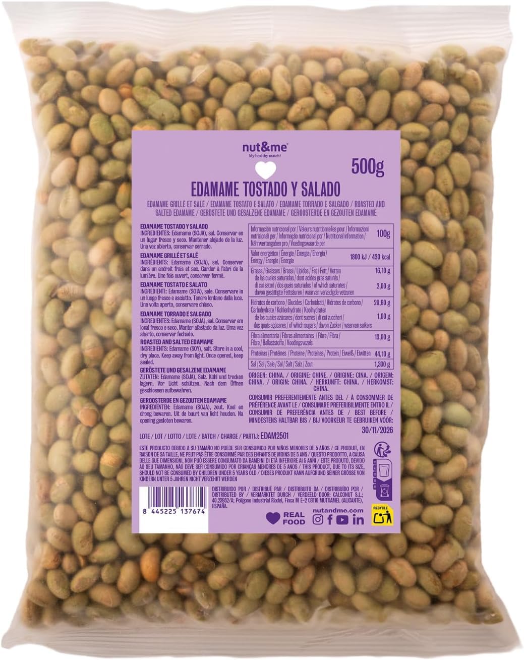nut&me Edamame Bohnen 500g | Geröstet und leicht gesalzen | 44g Protein | Leckerer Knuspriger Snack auch als Topping für Mahlzeiten | Vegan