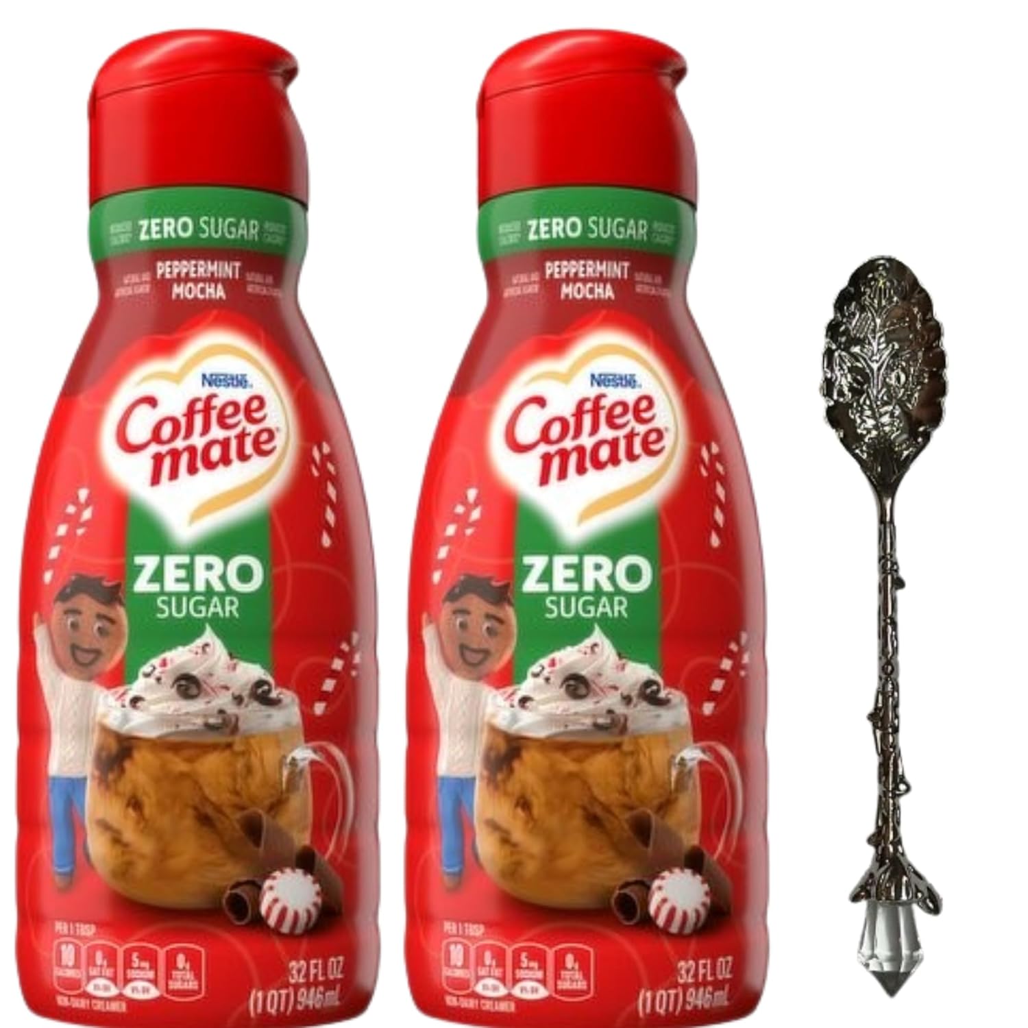 Coffee-Mate Liquid Coffee Creamer – Two (2) 32 fl oz Bottles with Candy Freezer Gem Spoon (Zero Sugar Peppermint Mocha) - Gem Spoon
