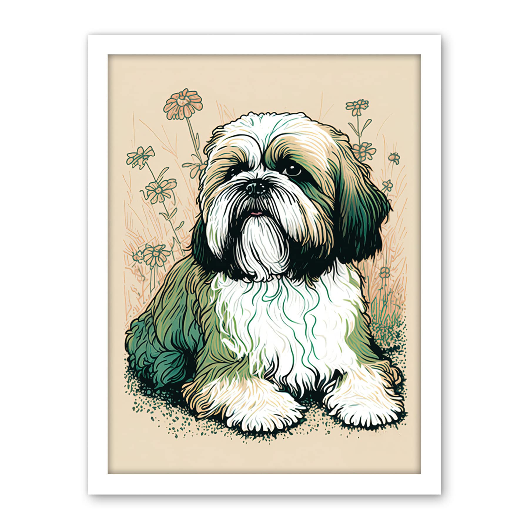 Artery8 Shih Tzu Dog with Daisies Modern Multicoloured Linocut Illustration Artwork Framed Wall Art Print 18X24 Inch