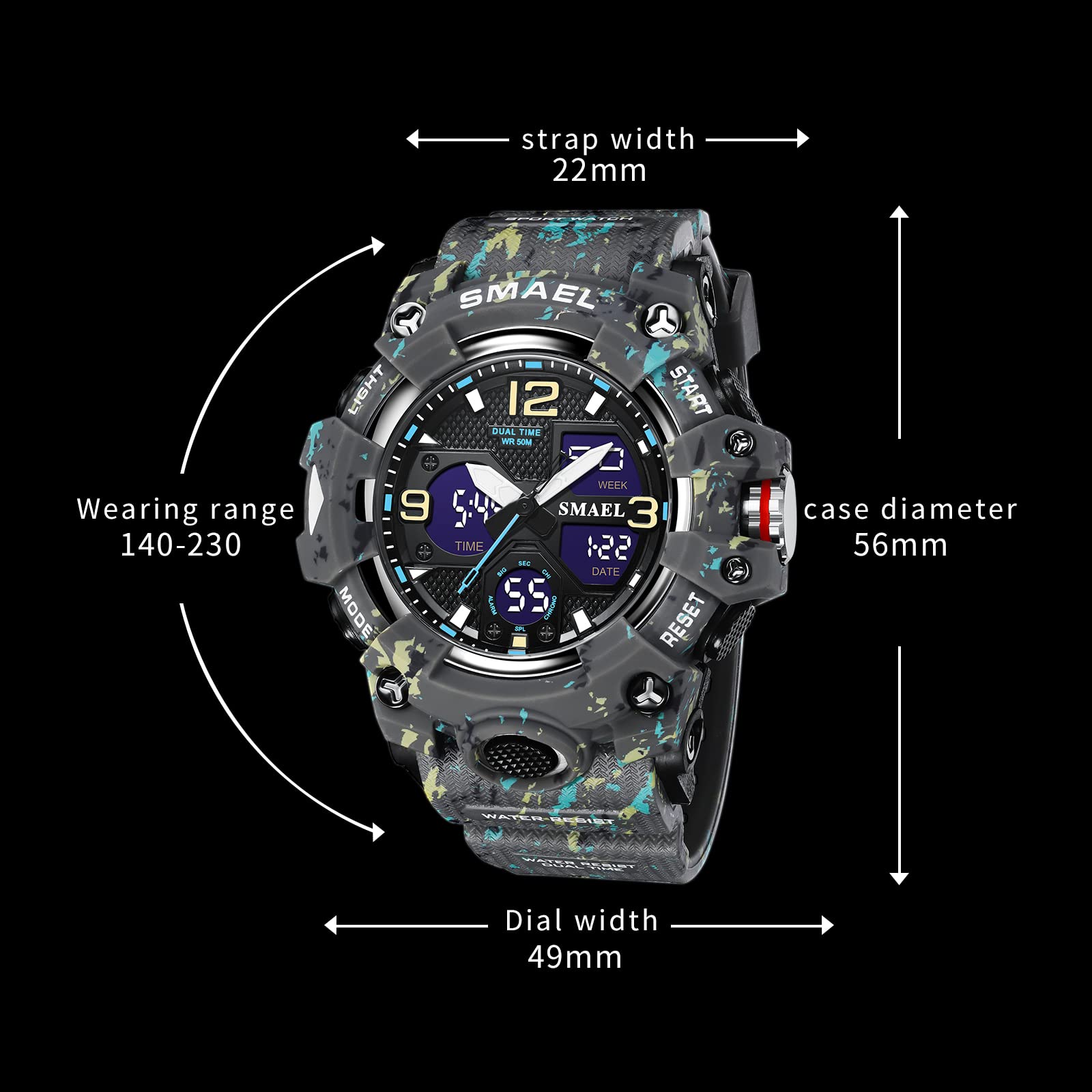 SMAEL 8008 Reloj de cuarzo deportivo resistente al agua reloj de camuflaje de color dual digital (camuflaje gris), Camuflaje Gris