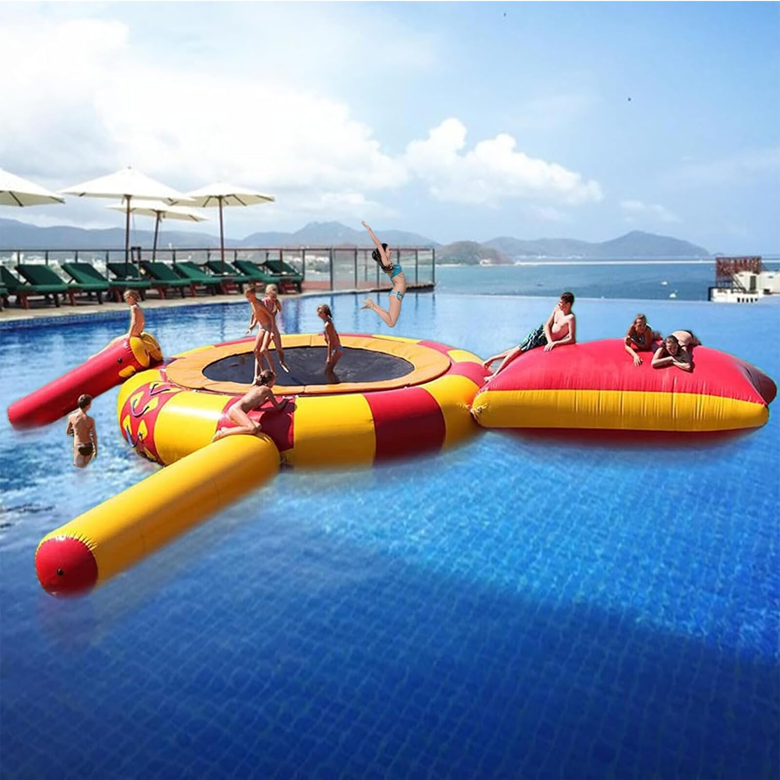 TAPIVA PVC Inflatable Water Trampoline, Lake Trampoline, Bounce Platform with Slide/Tube/Jumping Pillow Bag, Lake Inflatable Water Trampoline with Slide, 10Ft/13Ft/16Ft, red