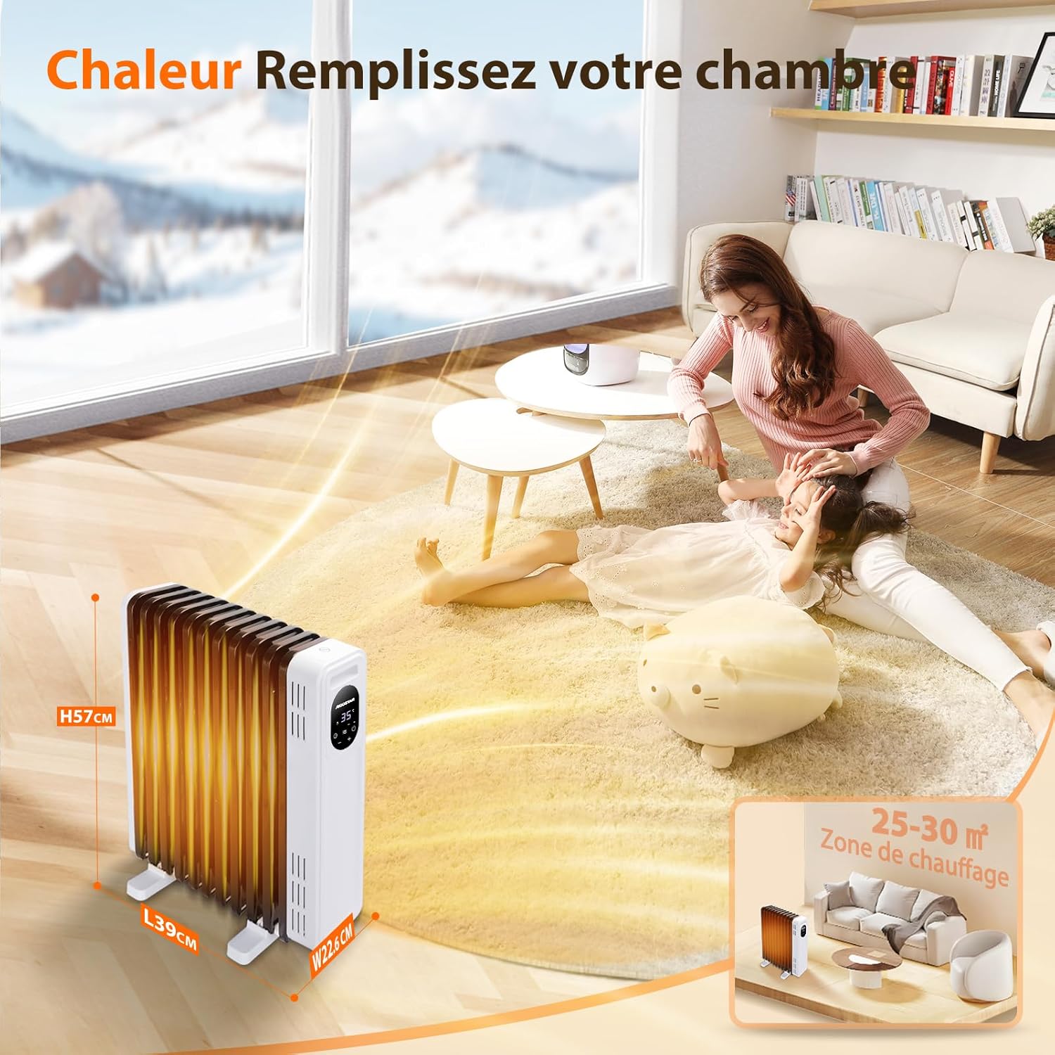 Aigostar radiator in a room setting with dimensions (H57cm, L39cm, W22.6cm) and an indication of its heating zone (25-30 m²).