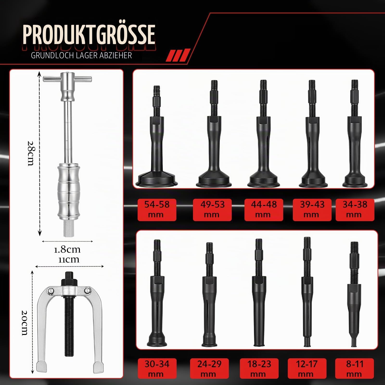 Innenlager Grundloch Abzieher Satz, 8-58mm Innenabzieher Lager, Innenlager Abzieher Set, Kugellager Lagerabzieher Innen mit Gleithammer, Grundloch Innenabzieher für Auto LKW Motorrad