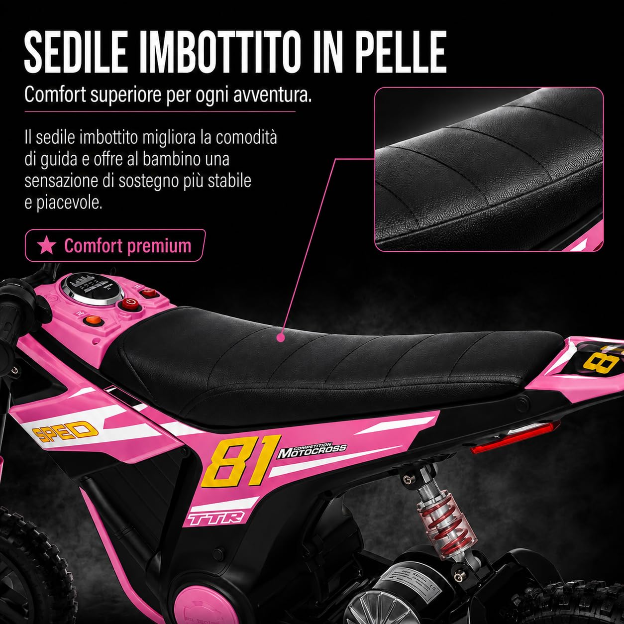 TOYSCAR Moto Elettrica per Bambini 24V 10Ah NITRO GT Motore 350W, Minimoto Elettrica Moto Cross Elettrica, Pit Bike Elettrica, Ruote Gonfiabili 12" Freno a Disco, Sedile in Pelle, 5-10 Anni