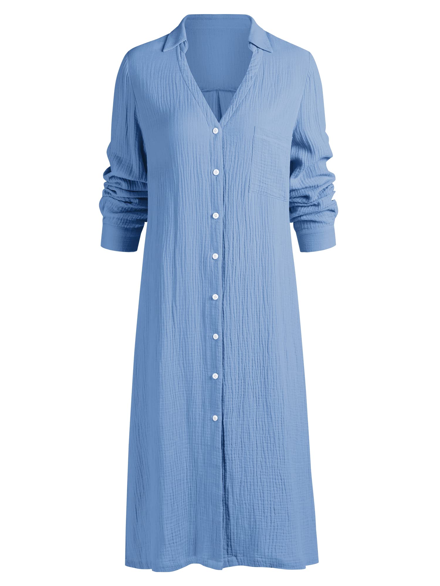 ZAFUL Women's Casual V Neck Maxi Dress Cotton Linen Long Sleeve Button Down Oversize Blouse Long Shirt Dresses with Pocket