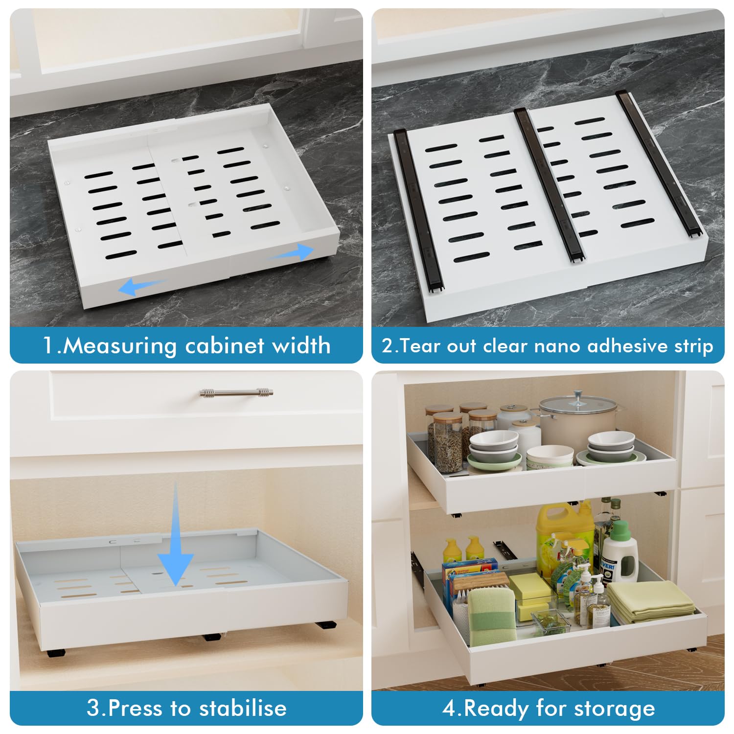 Arthome 2 Packungen Ausziehbar Teleskopschublade für Küche Lagerung,Ausziehbarer Schrank Organizer mit Selbstklebendem Nano-Film,Schrank Organizer Ausziehbar 32-52CM B x 42CM T x 7.5CM H,weiß