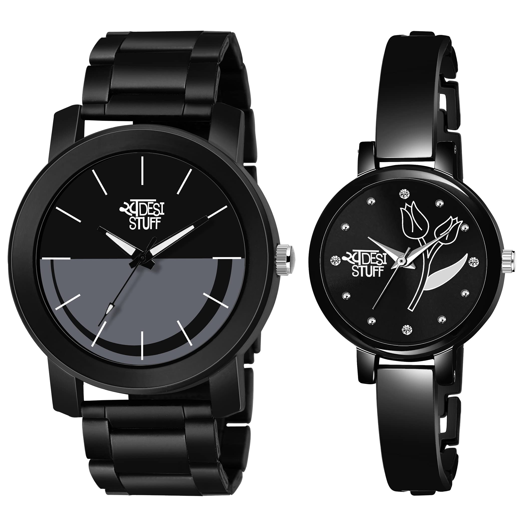 SWADESI STUFF Black Color Dial Round Shap Elegant Analog Couple Watch For Men And Women - Combo Of 2 - Metal (B098JV9YN8) Amazon Price History, Amazon Price Tracker