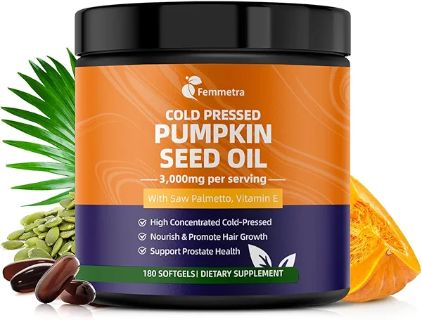 Femmetra Pumpkin Seed Oil with Saw Palmetto Capsules, High Concentrated Pumpkin Seeds Oil Supplement, Cold Pressed, Supports Hair, Urinary, Bladder & Prostate Health, Vegan, Non-GMO, 180 Softgels