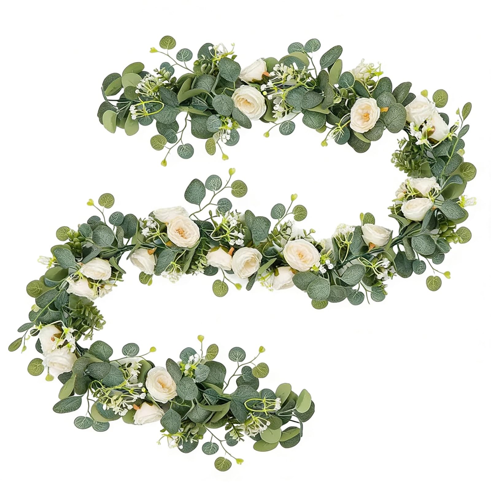 Generic Artificial Eucalyptus Garland, 5.9FT/180cm Green and White Runner, Flexible DIY Decor for Tables, Chairs, Fireplaces, Gardens