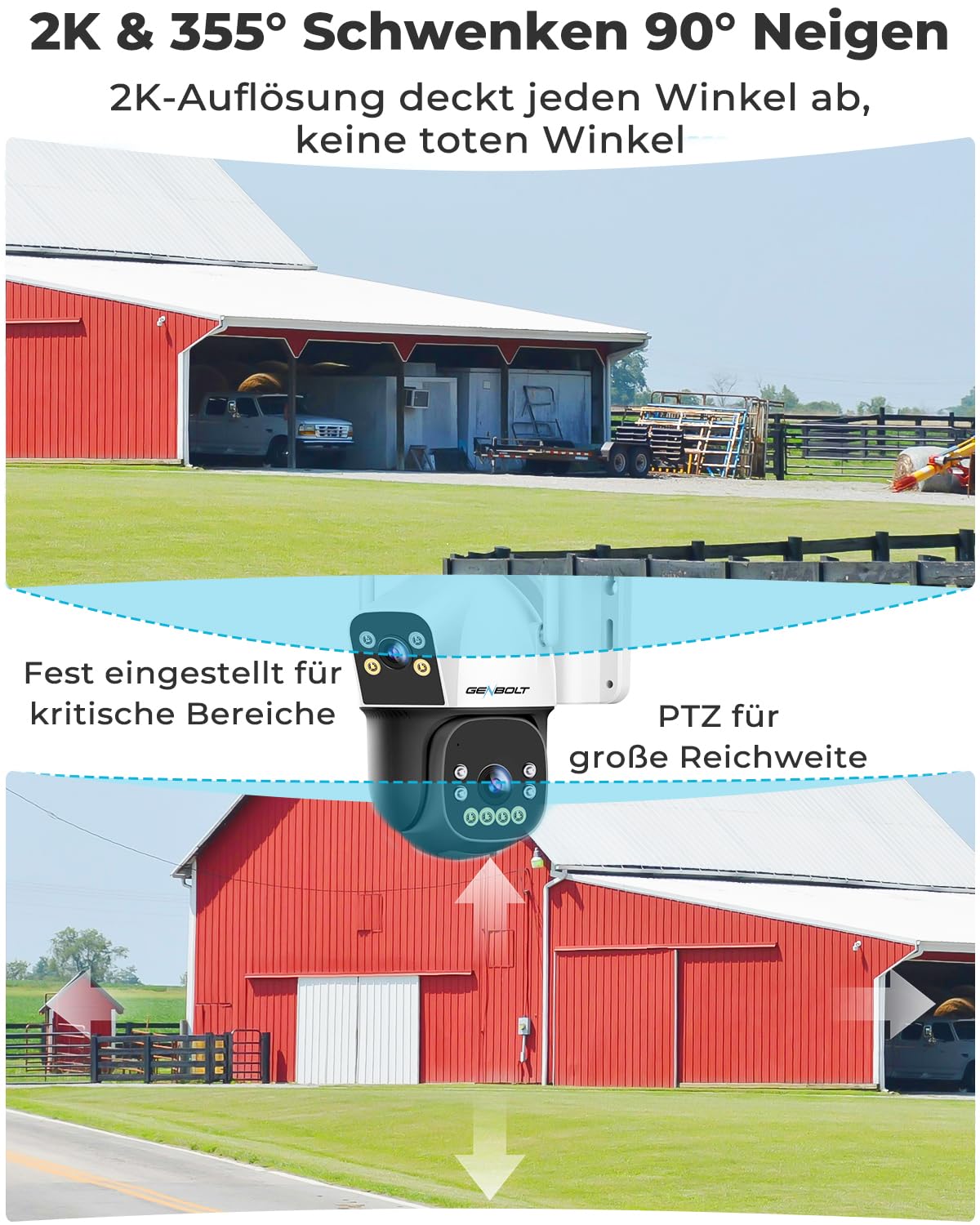 GENBOLT 4G AOV Mobilfunk Solar Überwachungskamera Aussen Kabellose 15600mAh | 7/24-Aufzeichnung,3MP*2,kein WLAN,KI-Erkennung,Automatische Verfolgung,Cloud-Speicher