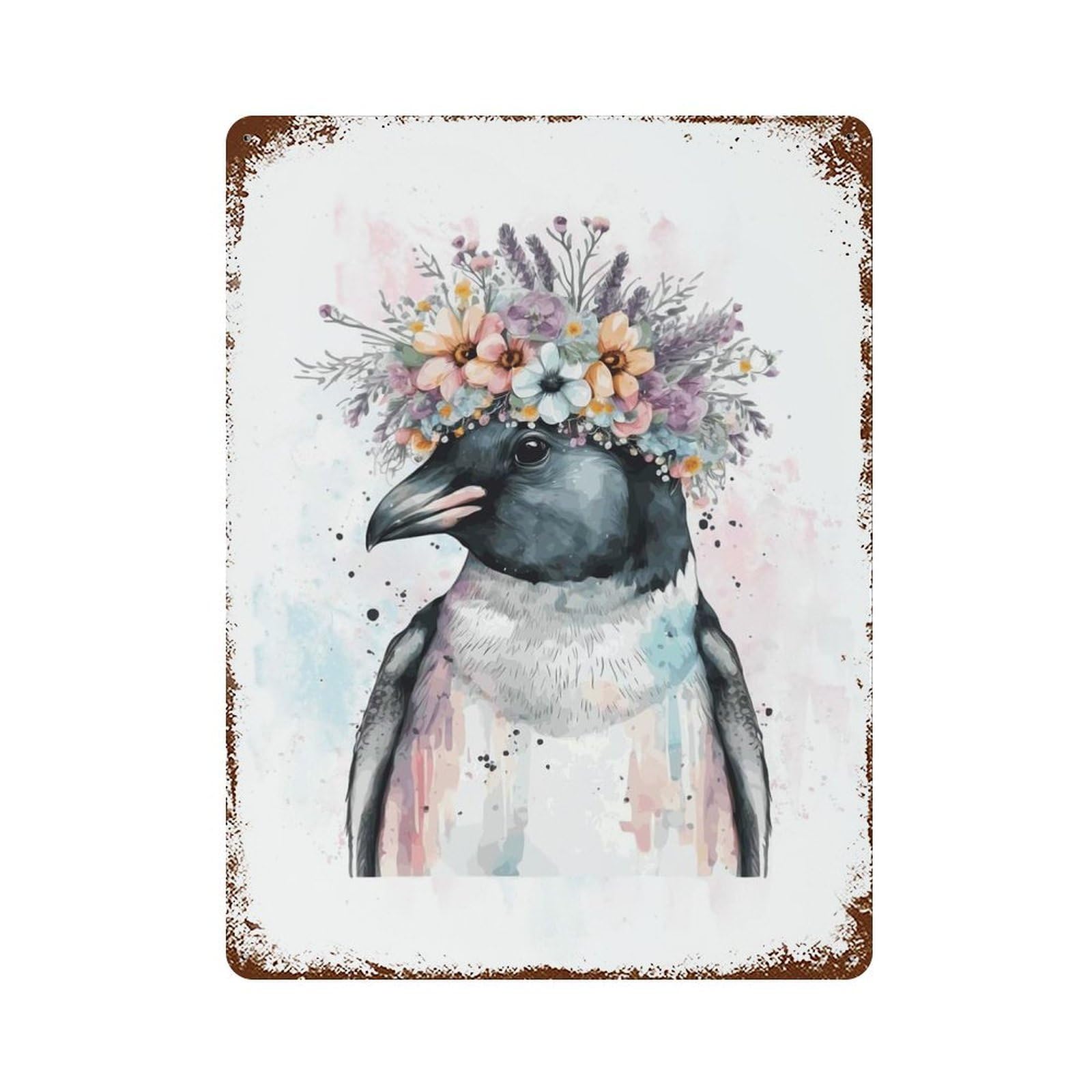 Vintage Metal Tin Sign Cute Floral Penguin Art 15.7"x11.8", Classic Wall Plaque for Pub, Kitchen And Man Cave Decor