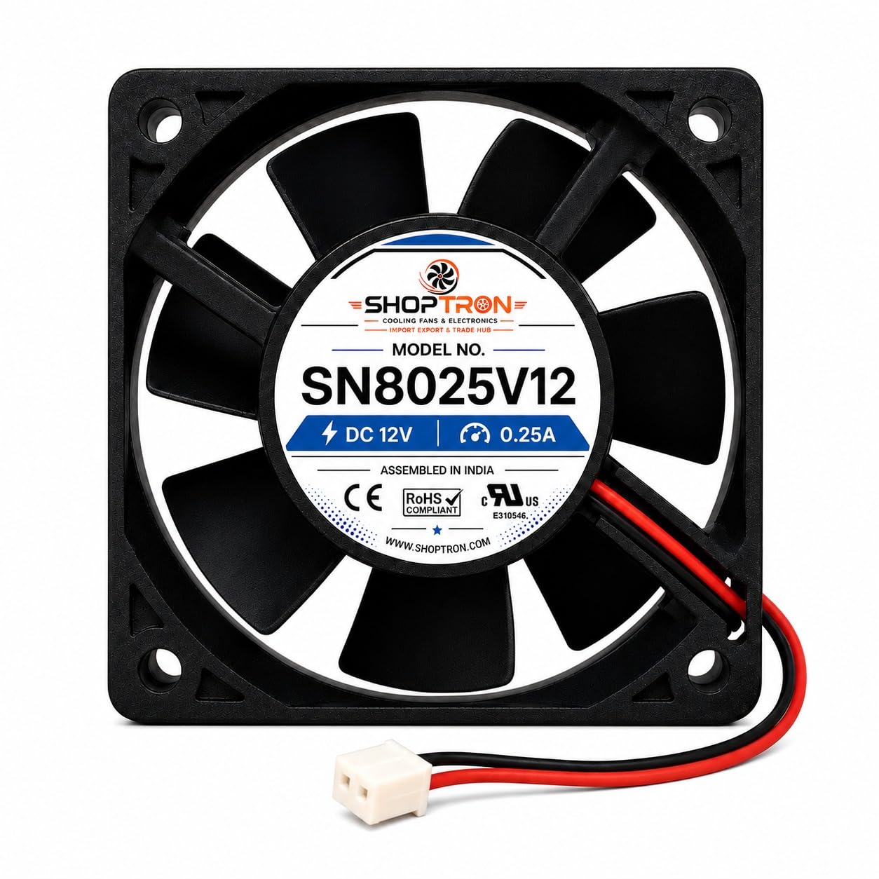 Shoptron SN8025V12 DC Cooling Fan, 80x80x25mm, 12V 0.25A | 2-Wire Connector, RoHS Compliant, CE Certified, UL Listed, Assembled in India-image-25