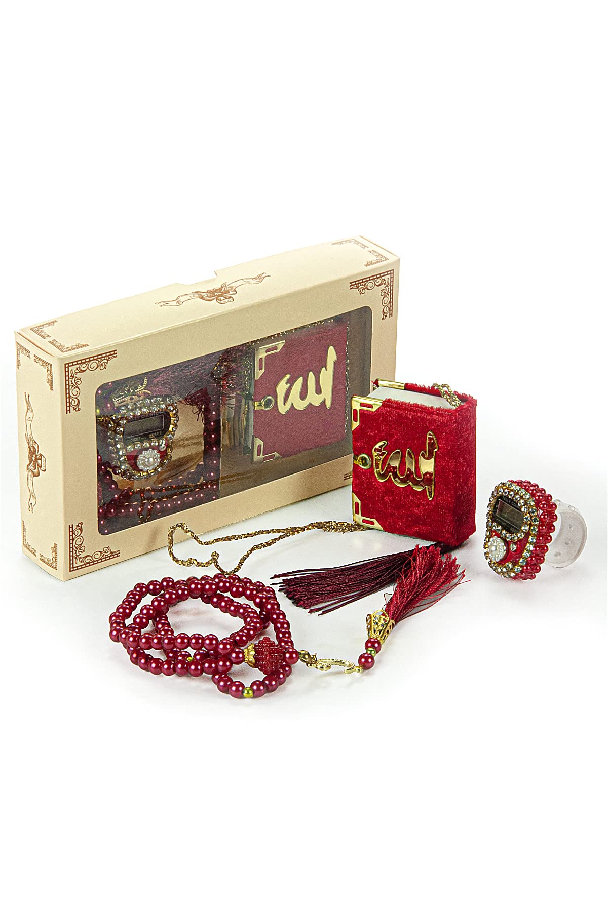 İhvan Online Mini Velvet Quran Set with Islamic Finger Counter, Portable Digital Tasbeeh, Muslim Prayer Beads, Pearl Zikirmatic Beads, 3 Pieces Gift Set for Mevlüt (Burgundy)