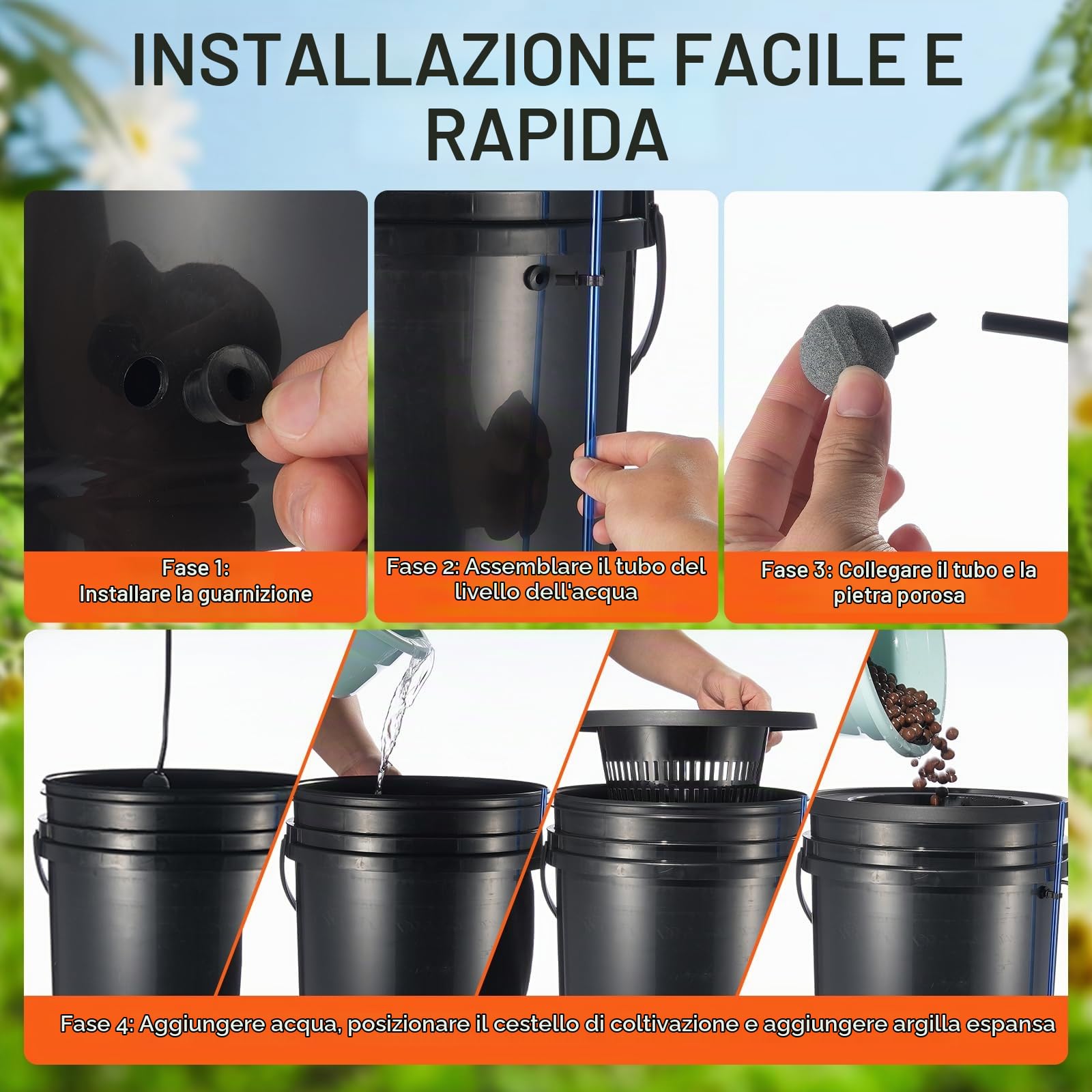 VEVOR Sistema di Coltivazione Idroponica DWC Kit Coltura in Acqua Profonda da 20 Litri, 1 Secchio, Pompa ad Aria, Pietre porose, Dispositivo di Livello dell'Acqua, per Verdure a Foglia, Fiori