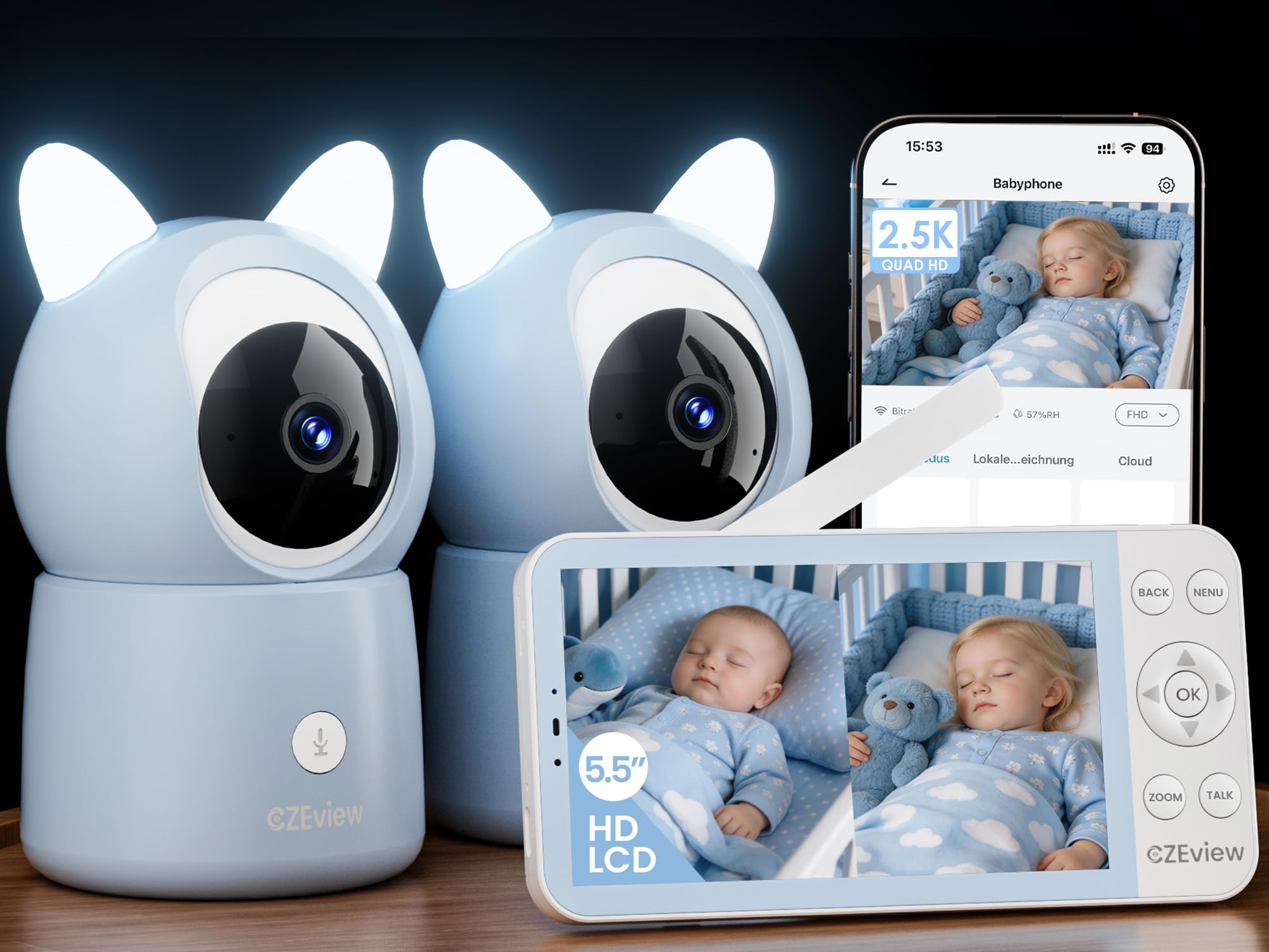 CZEview 2.5K 4MP Camara Vigilancia Bebe con App Movil, 5.5" IPS Gran Pantalla, 360°, Monitorización & Alertas en Tiempo Real, Visión Nocturna (Azul con 2 Cámaras)