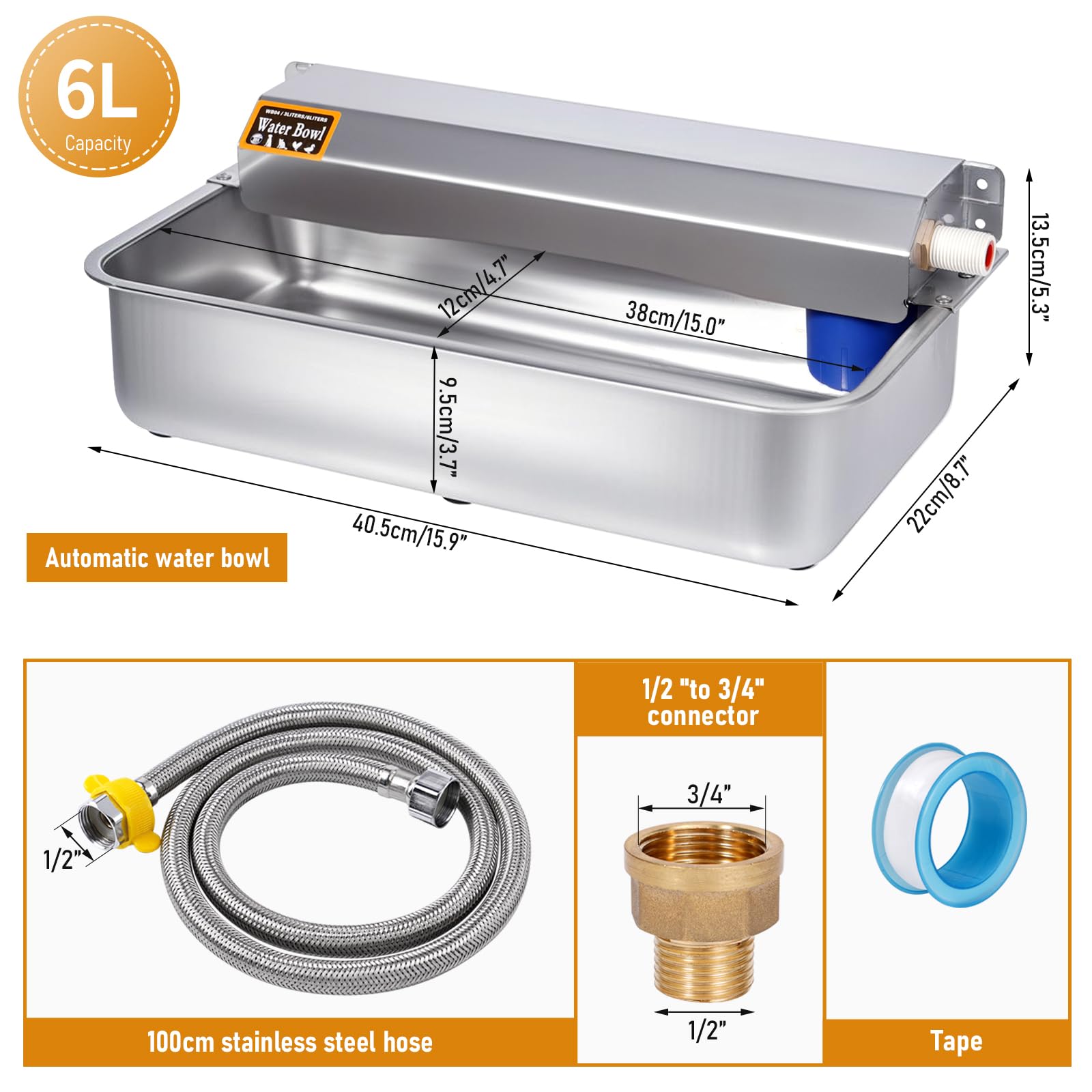 Abbeveratoio Automatico per Cani, Ciotola D'acqua in Acciaio Inox con Tappo di Scarico per Animali Domestici, Abbeveratoio per Cani a Riempimento Automatico per Grandi, Gatti, Polli, Bestiame (6L)