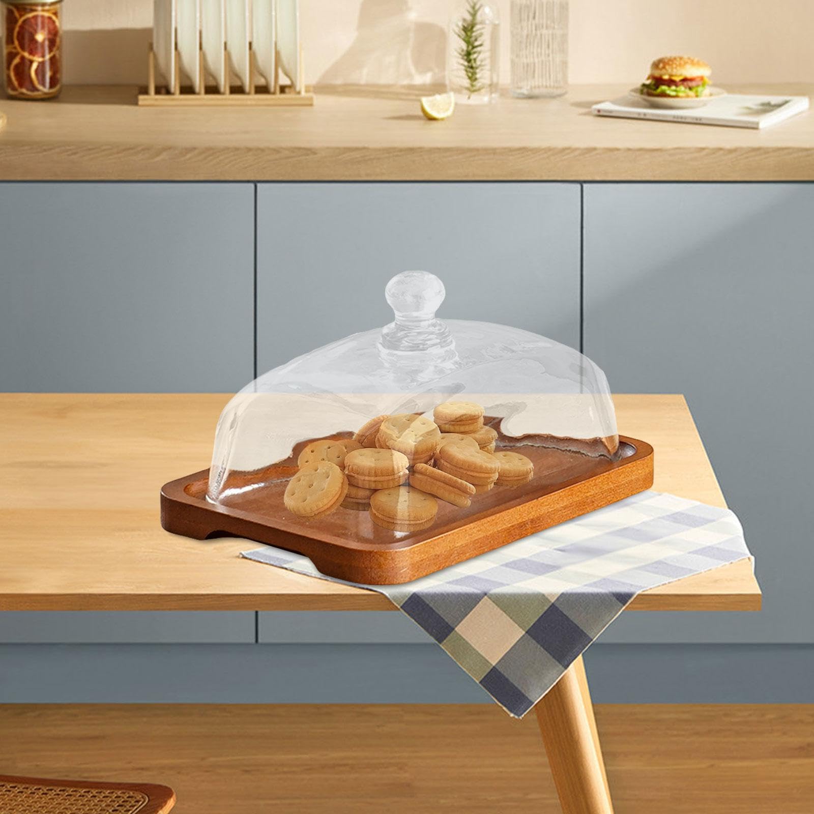 Holz Kuchenständer Glas Haube Käseteller Servierplatte Gebäck Tablett Aus Holz mit Einzigartigem Design für Party Hochzeit Küchen Appetithä, Dunkle Holzfarbe