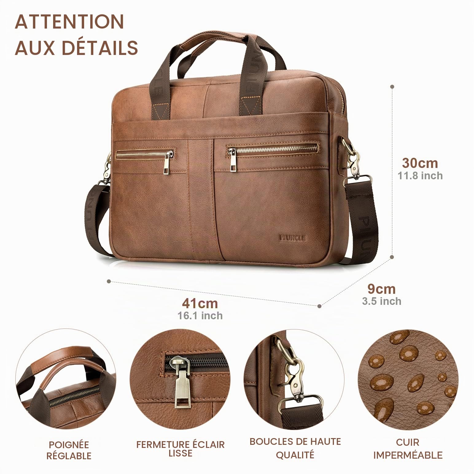 SPAHER Sacoche pour ordinateur portable 15,6" en cuir véritable - Sac à bandoulière pour homme