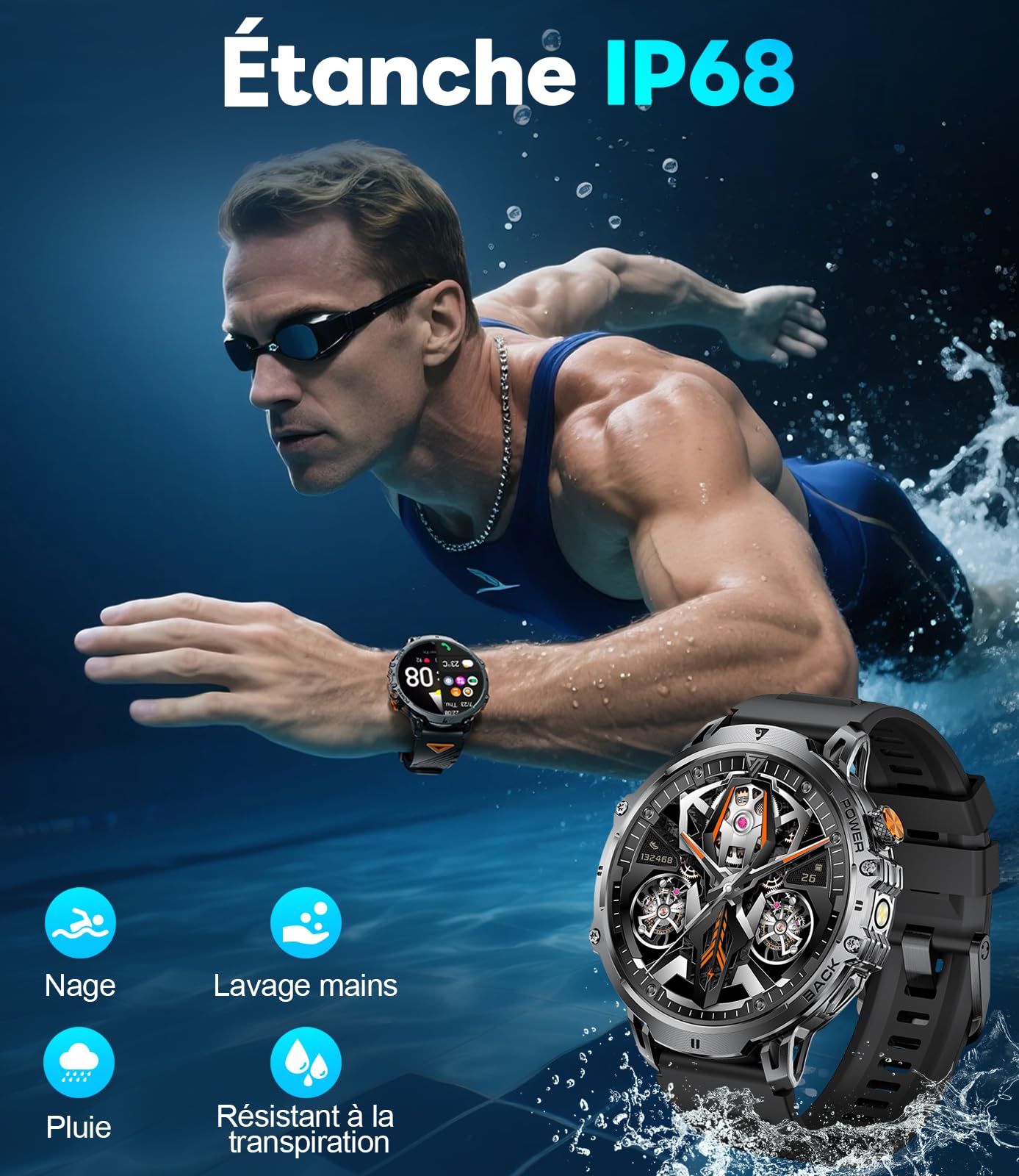 LIGE Montre Connectée Homme 1000 mAh Batterie/1.85'' HD Grand Smartwatch avec LED Lampe,IP68 Étanche Montre Fitness avec 24/7 Fréquence Cardiaque,Moniteur de Sommeil pour Android iOS,3 Bander