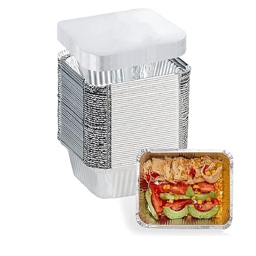 Sartenes de aluminio pequeños de 1 libra con tapas (paquete de 40 – 5 x 4 pulgadas), utensilios de cocina desechables – tapas de cartón, para