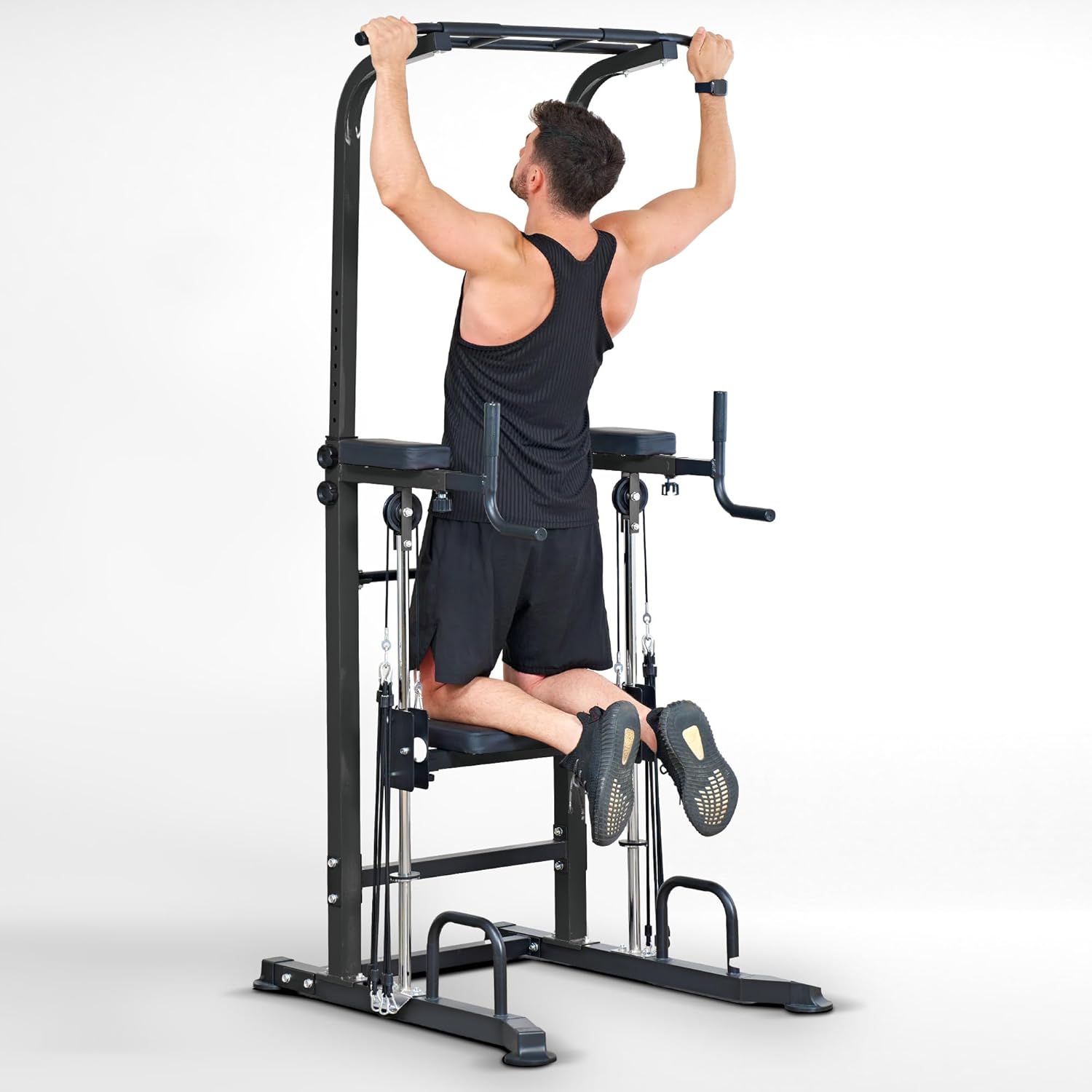 Dland Power Tower Dip Station Pull Up Bar Exercise Tower, Multi-Function Adjustable Training Equipment for Home Gym, Strength Training Workout Equipment, Black