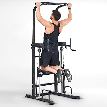 Dland Power Tower Dip Station Pull Up Bar Exercise Tower, Multi-Function Adjustable Training Equipment for Home Gym, Strength Training Workout Equipment, Black