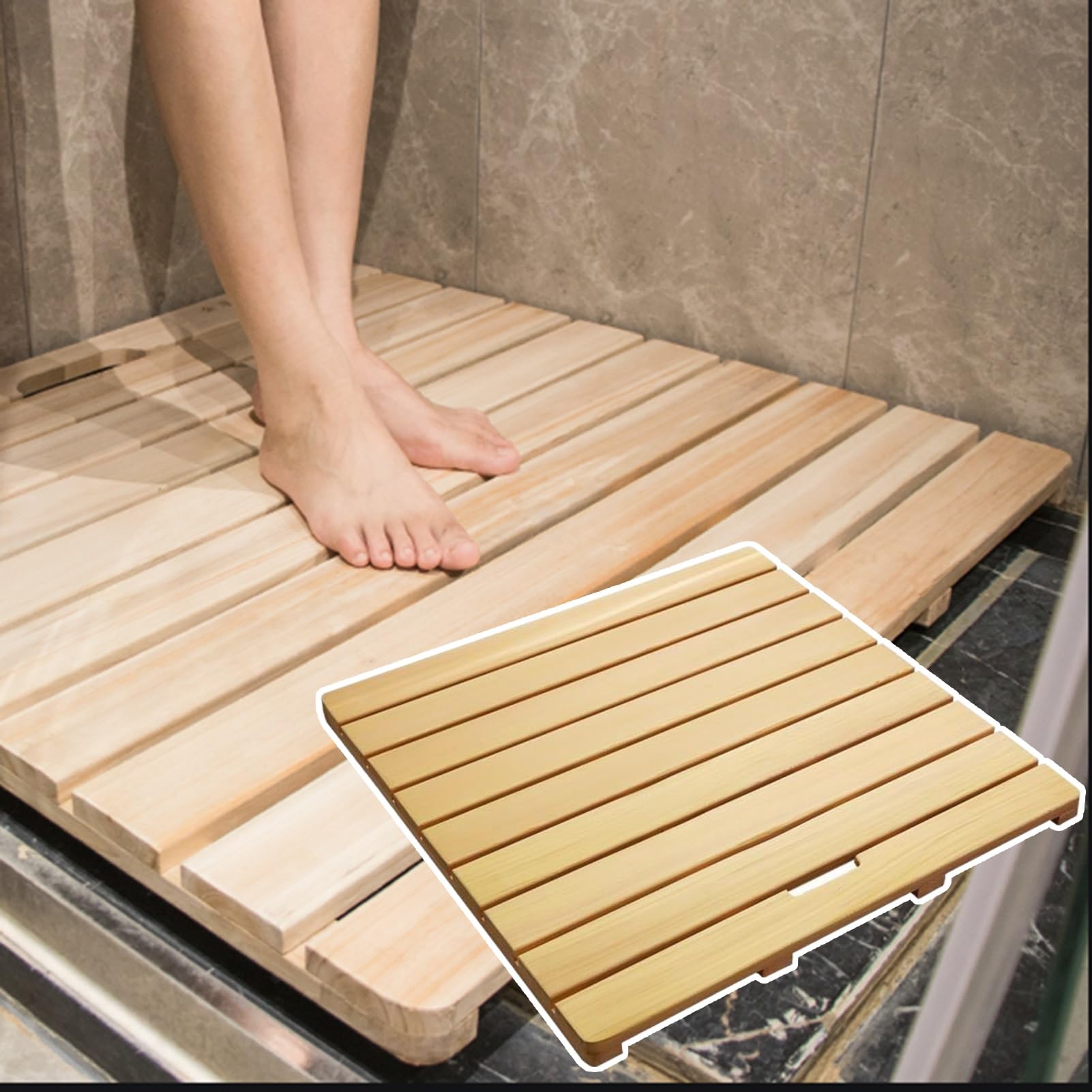 QIYFOZ Non-Slip Solid Wood Bath Mat - Waterproof Shower Drain Board, 20x22in, with Foot Pads & Handle, Perfect for Luxury Bathrooms & Home Spa Decor