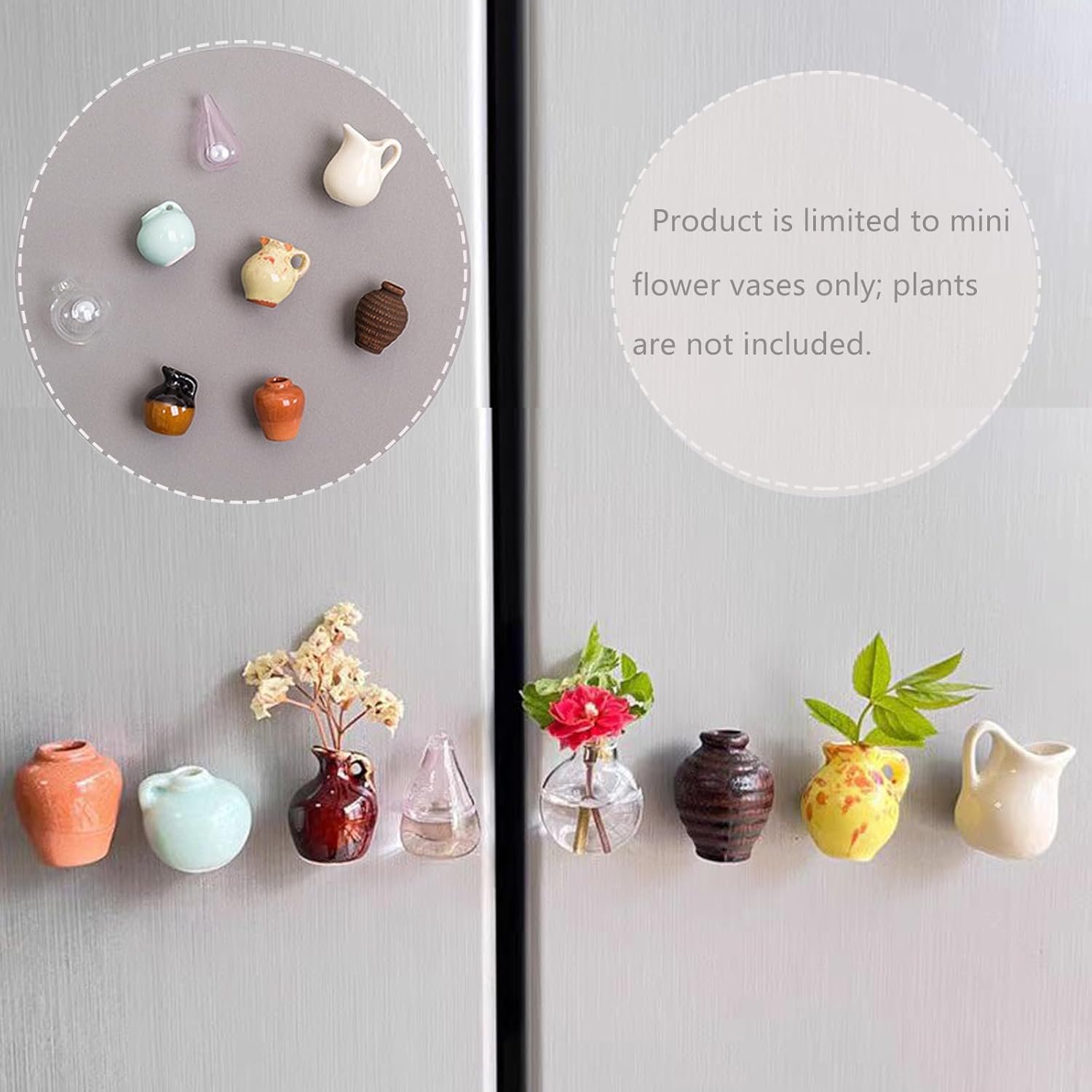Mini Vase Magnets Chic Ceramic & Glass Decorative Vases for Refrigerator, Cat Whisker Vase and Adorable Mini Flower Arrangements. (GWRPMFTBJ-8PCS)