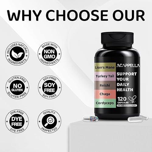 Miniatura 5 de ACAPPELLA Cápsulas de suplemento de melena de leones, cápsulas complejas de hongos 5 en 1 con extractos de hongos de cola de pavo Cordyceps Sinensis