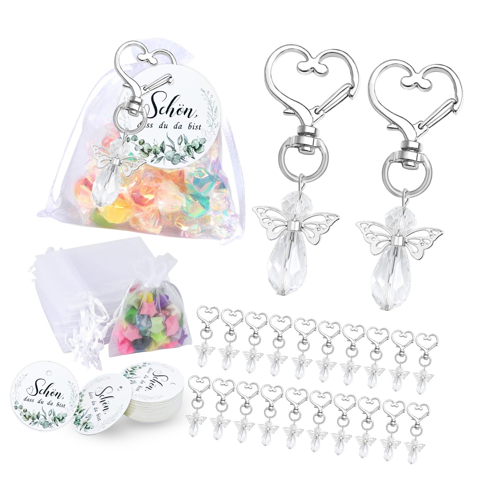 Jazuaiao 30Pcs Wing Charm Keychain Decorative Holder with Drawstring Gauze Bag and Labels for Baby Showers Wedding Bridal Showers Gift
