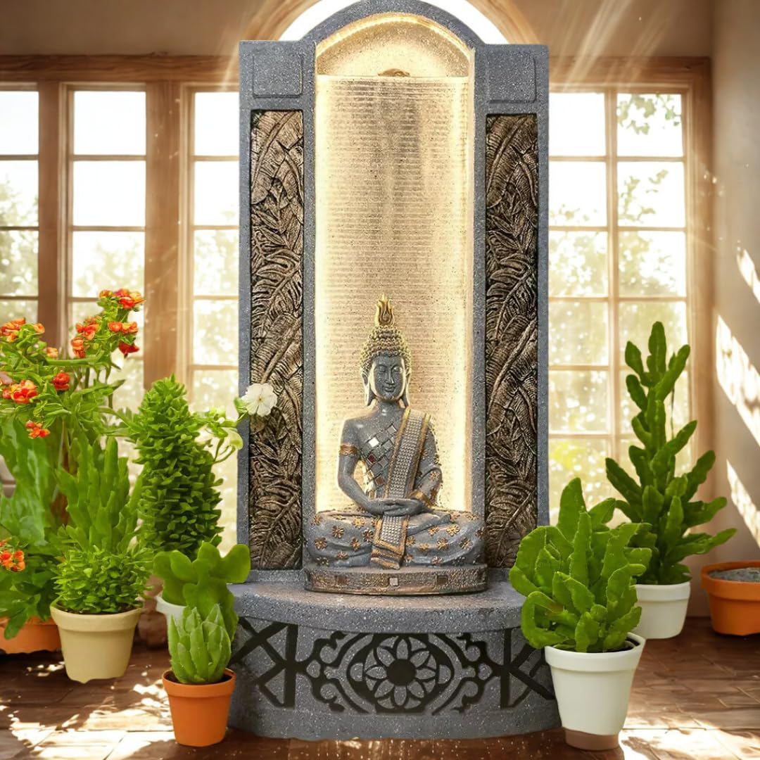 EXPLEASIA Slate Buddha 4ft Water Fountain for Home, Office, Garden Large, Water Fountain for Home (Grey Gold)