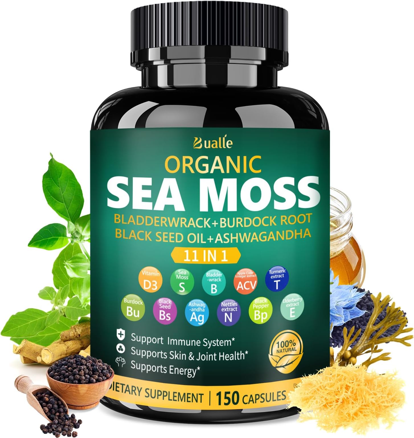 Bualle Irish Sea Moss Capsules – Organic Sea Moss, Black Seed Oil, Ashwagandha Supplements with Bladderwrack, Ginger & Burdock Root – Supports Daily Wellness, Skin & Energy – 150 Count (1 Pack)