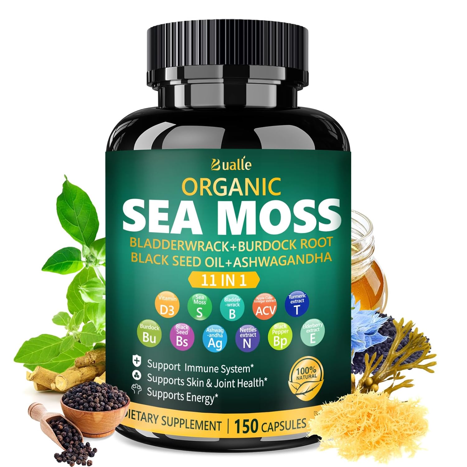 Bualle Irish Sea Moss Capsules Organic Sea Moss Black Seed Oil Ashwagandha Supplements with Bladderwrack Ginger Burdock Root