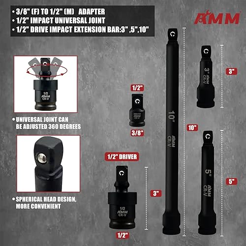 Miniatura 4 de AMM Juego maestro de llaves de impacto de 12 pulgada, 66 piezas, SAE y métrico de 516"-1-14", 8-24mm, juego de llaves poco profundoprofundo con