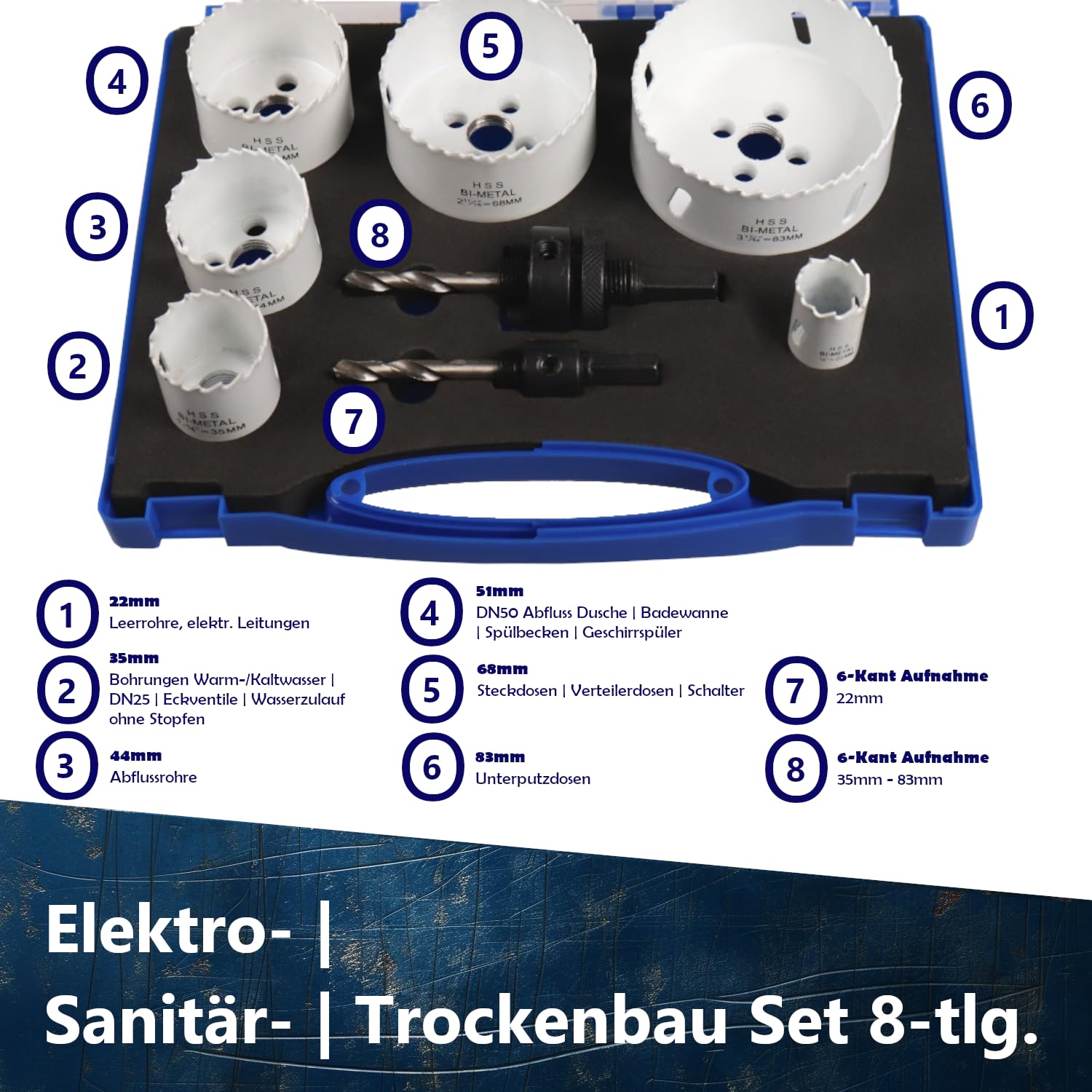 Bi-Metall Lochsägen Set | Professionelles Lochsäge Set in Größen Ø22-83mm | Lochsäge für Holz, Rigips, Kunststoff, Edelstahl- & Spanplatten