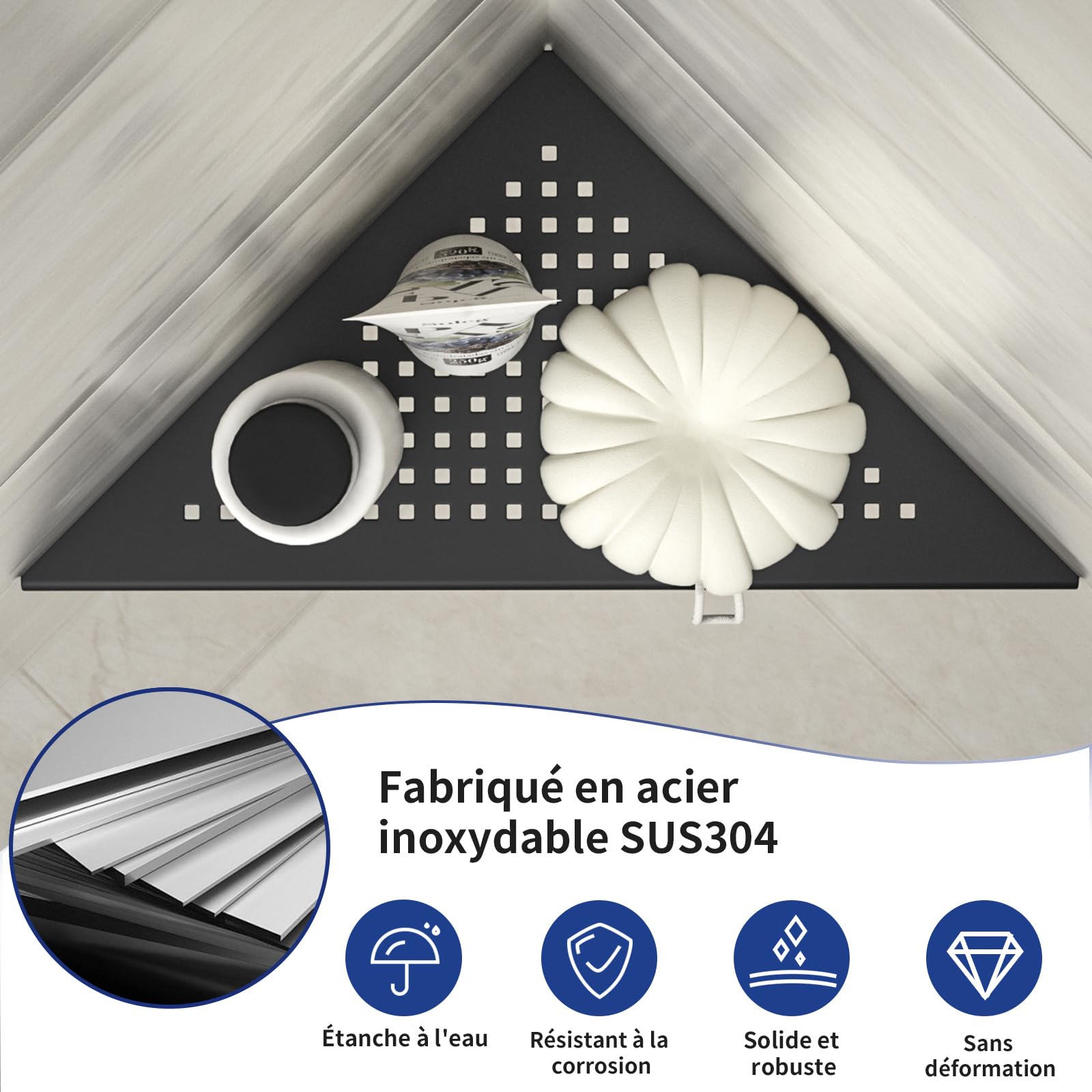 Lot de 2 étagères d'angle en Acier Inoxydable 304 - sans perçage - pour Salle de Bain - Trou carré - 253 x 253 x 355 mm - Noir