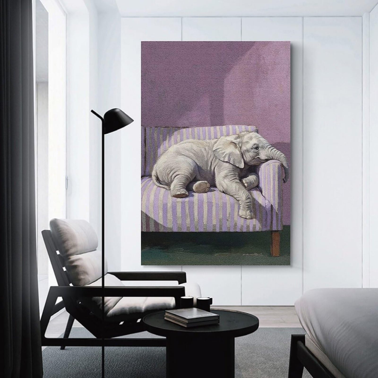 Junmoney Wall Decor Canvas Print Resting Elephant on Striped Couch, 08x12inch(20x30cm), for Bedroom, Lounge Or Dressing Area, Stylish Decor for A Restful Room Update