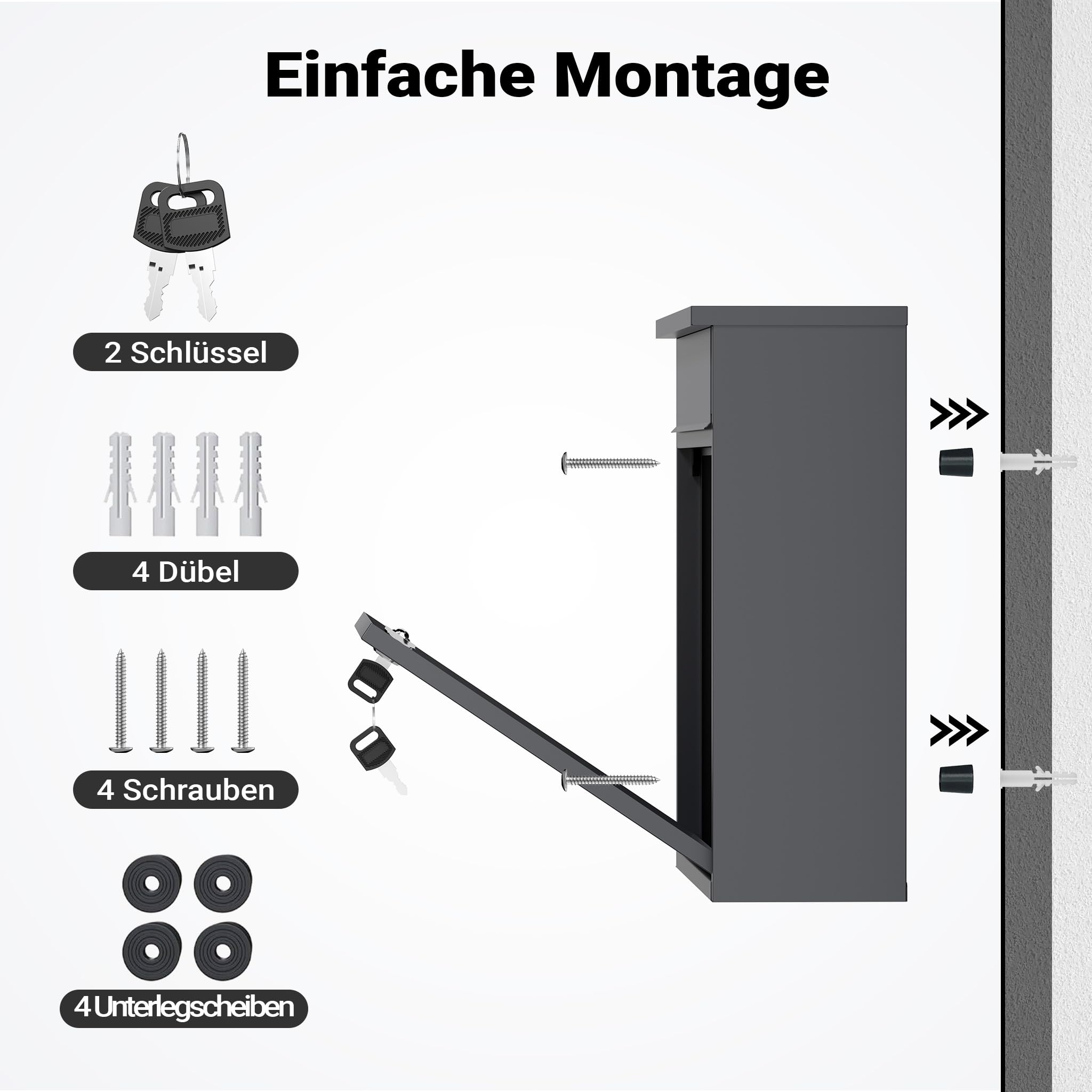 Wiltec Briefkasten V13 Anthrazit 360 x 105 x 315 mm, Wandbriefkasten mit Schloss und Klappe, Postkasten aus Stahl pulverbeschichtet