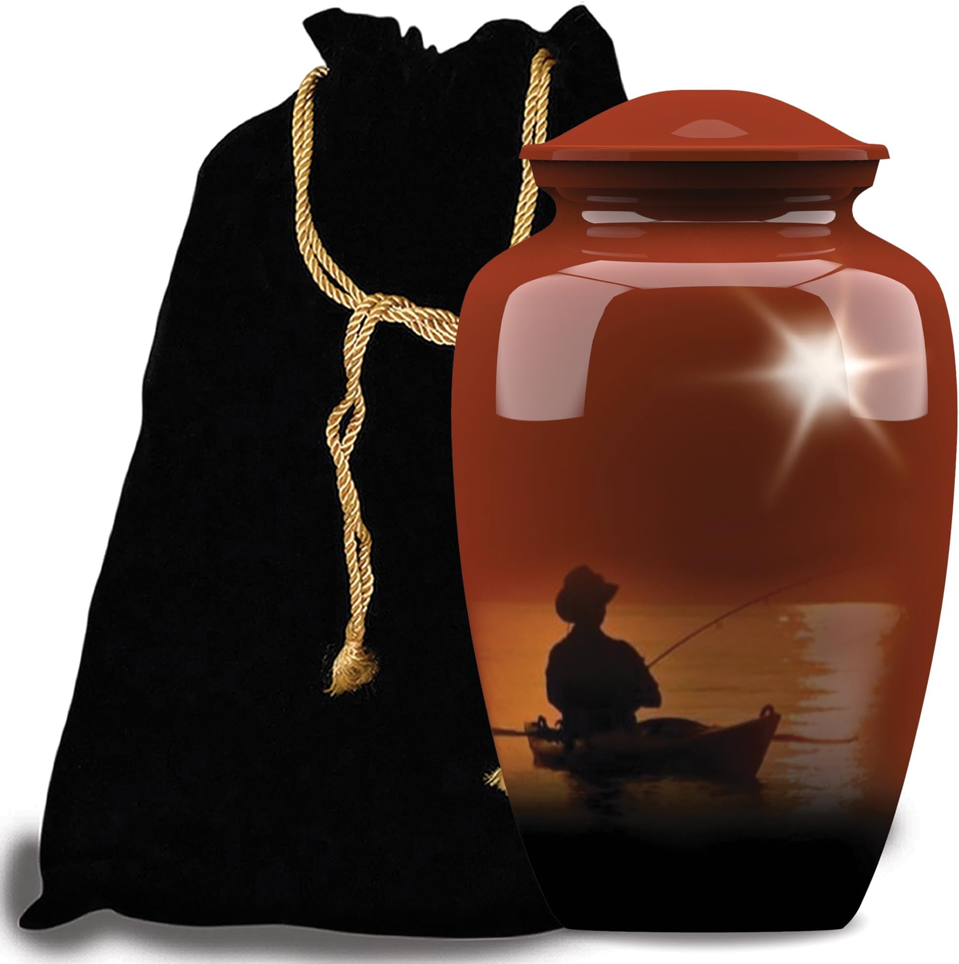 Forever URNS Adult Cremation Funeral Urn with Printed Fishing Man Theme for Human Ashes of Female & Male | 200 cu in | Large | Multicolor | Completely Handcrafted with Velvet Protection Bag