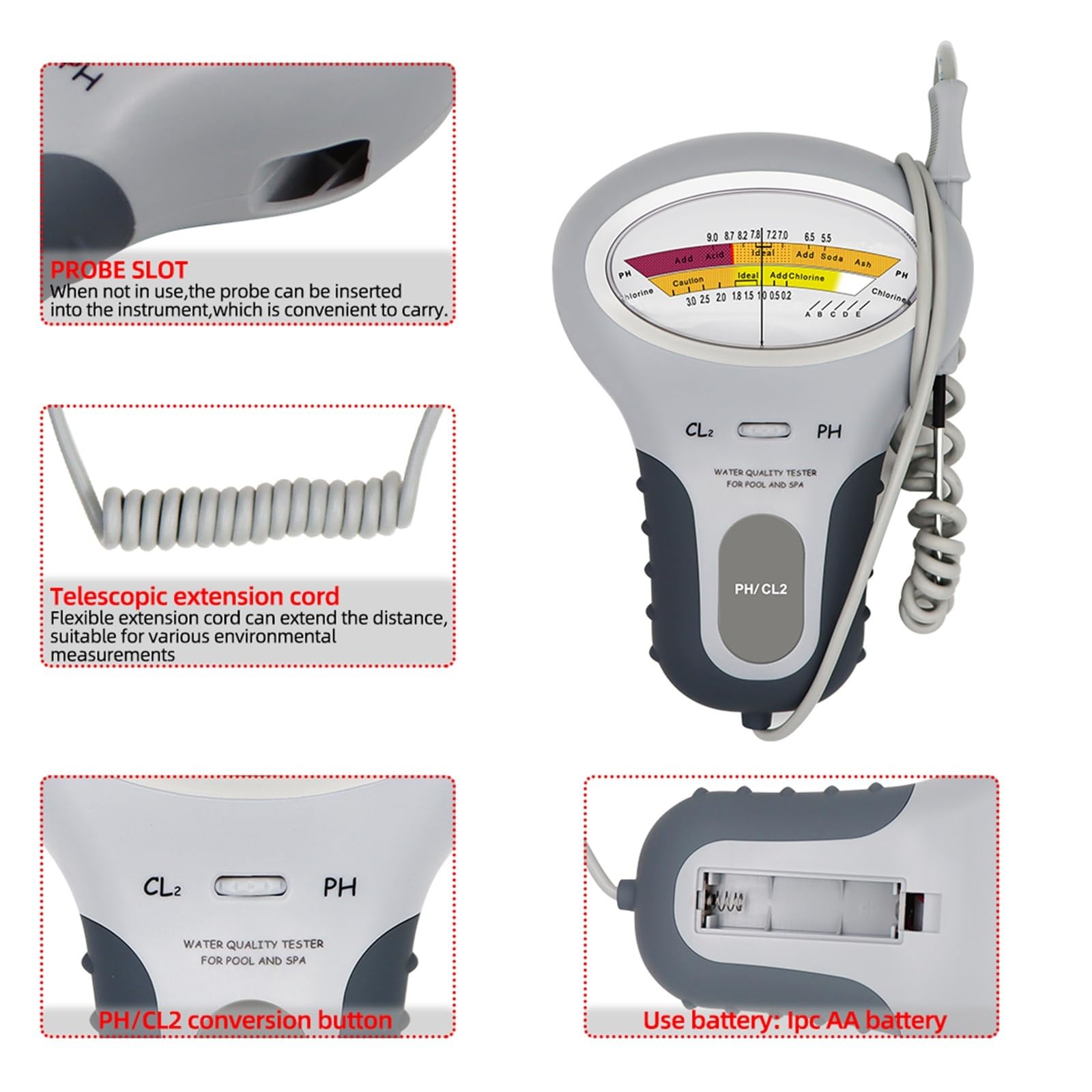 Testeur de qualité de l'eau Testeur de Chlore 2 en 1, testeur de pH et de Chlore, Niveau PC-101, testeur de pH numérique Portable, qualité de l'eau de Piscine
