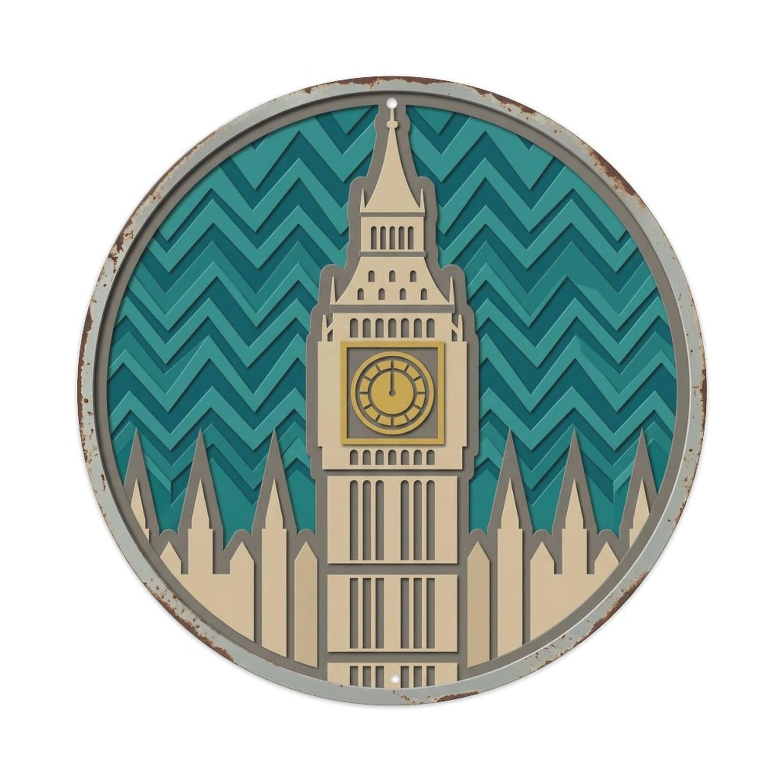 BigBen Layered Clocktower Travel 1 Metal Tin Sign Plaque Wall Decor for Cafe, Club, Garden Round Metal Poster 8x8Inch