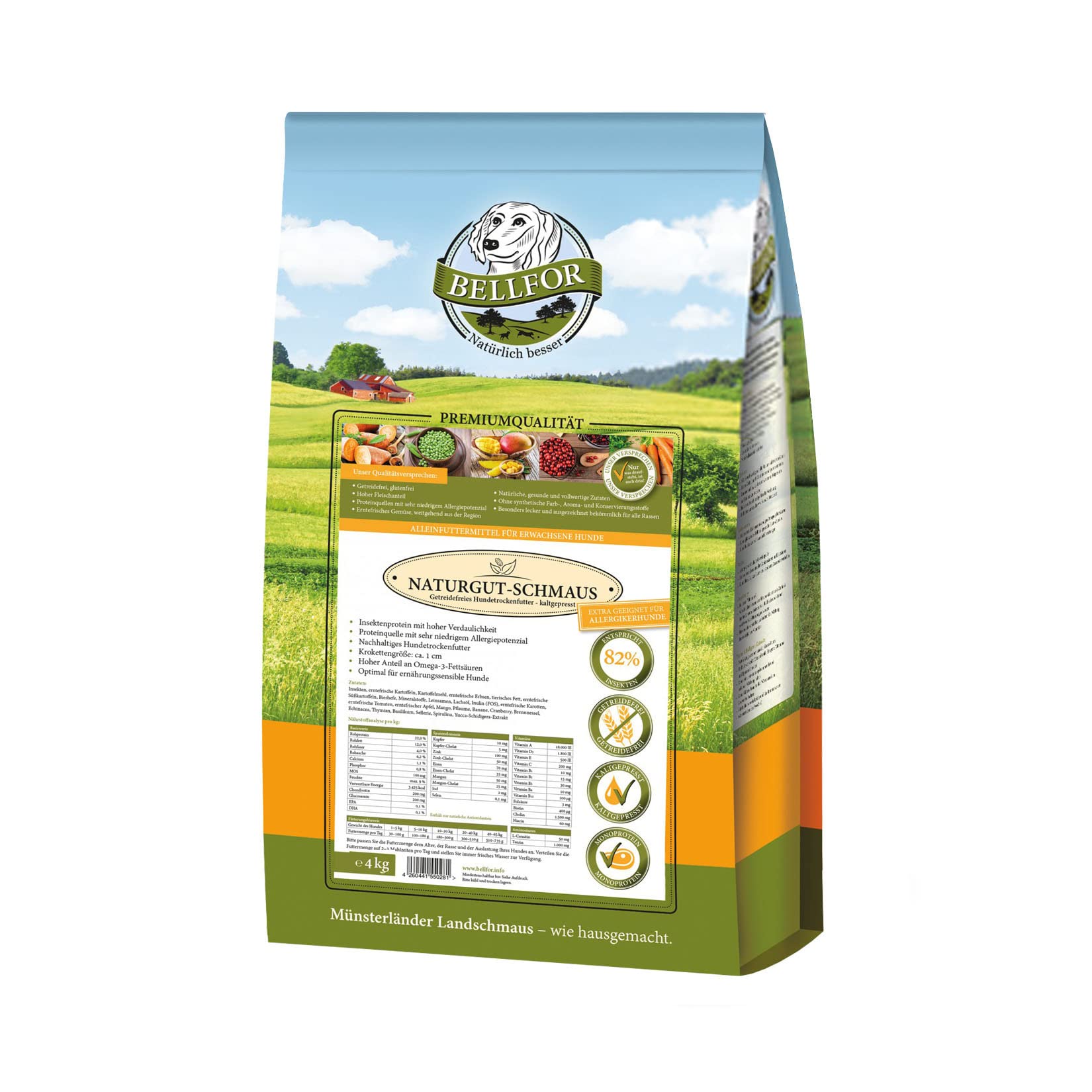 Bellfor Juego de comida para perros hipoalergénica 4 kg Snacks 200 g Dieta para perros 120 g para perros sensibles a la nutrición Perros grandes con sobrepeso Cáscaras de semillas de psyllium Shiitake