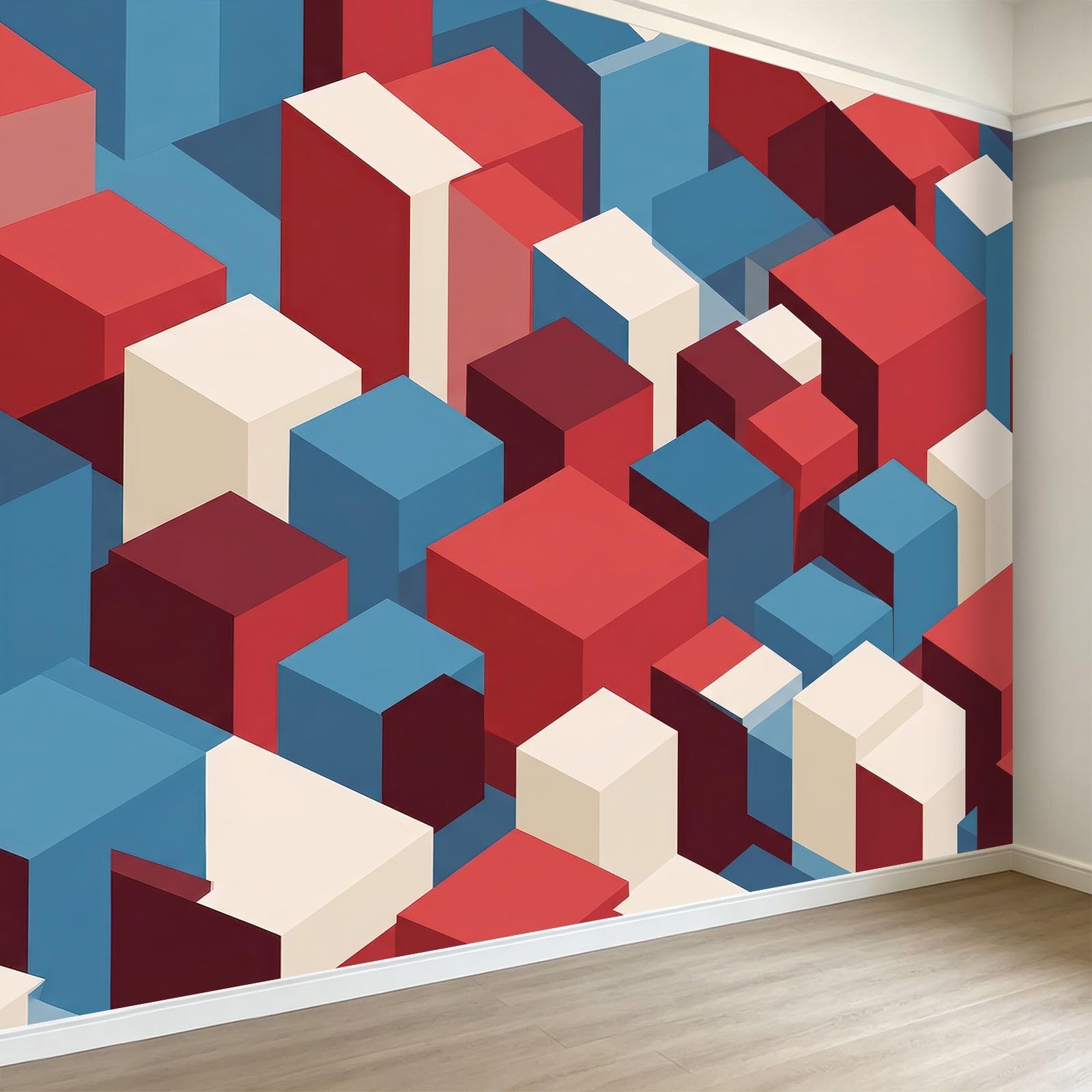 Papier Peint Panoramique 250x175 cm 3D Géométrique Bloc Rouge Bleu