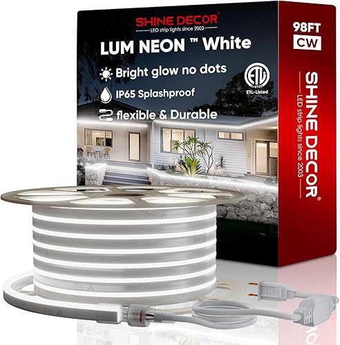 Shine Decor Tira de luces LED de neón de 98.4 pies98.4 ft, 6300 K blanco frío AC 110V-120V luces de tira de luces LED de neón, flexible impermeable